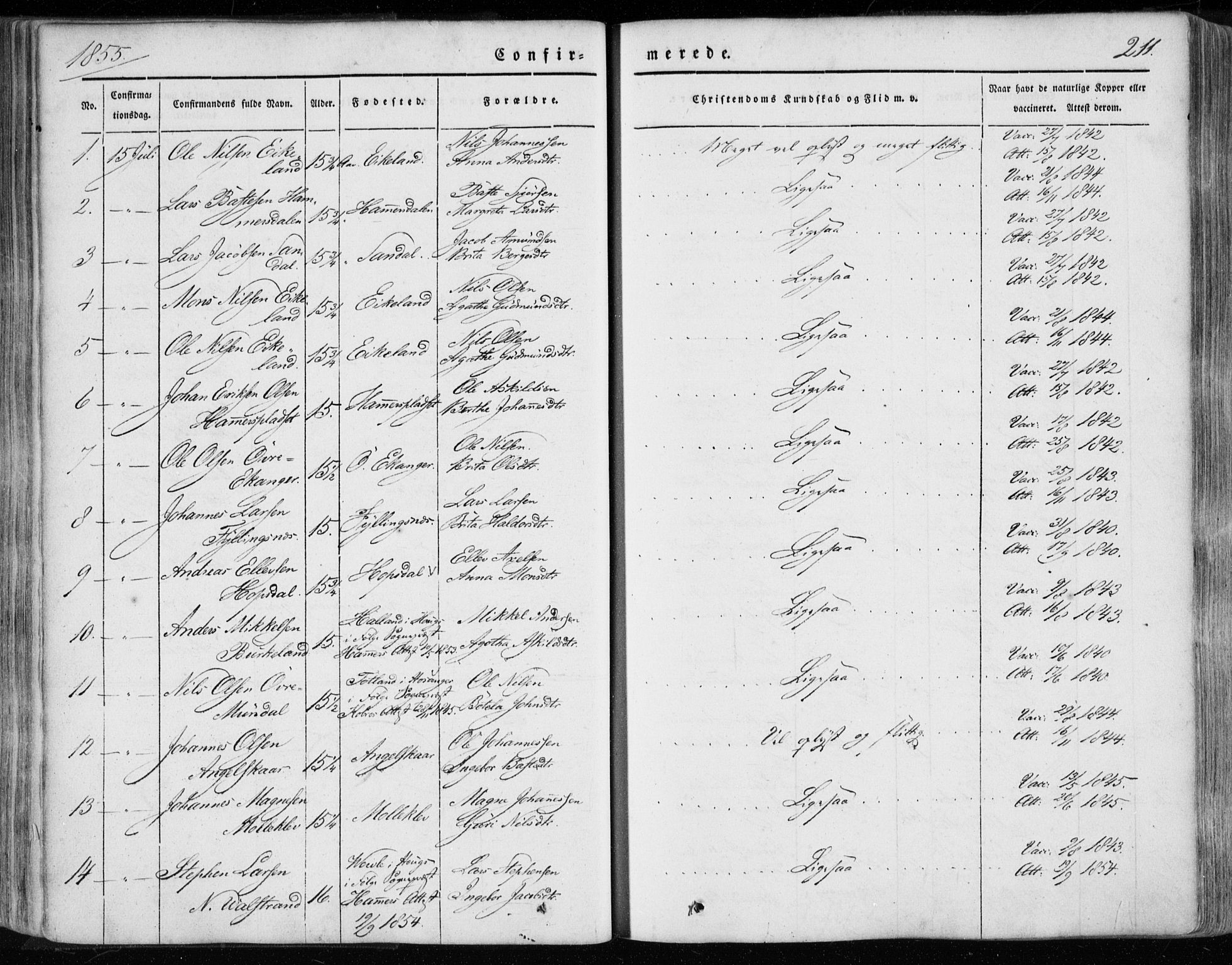 Hamre sokneprestembete, SAB/A-75501/H/Ha/Haa/Haaa/L0013: Parish register (official) no. A 13, 1846-1857, p. 211