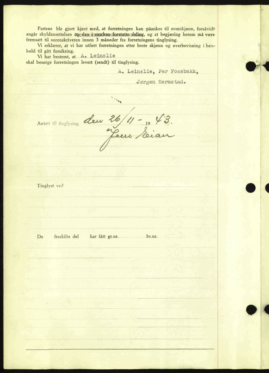 Fosen sorenskriveri, AV/SAT-A-1107/1/2/2C: Mortgage book no. A3, 1943-1945, Diary no: : 1504/1943