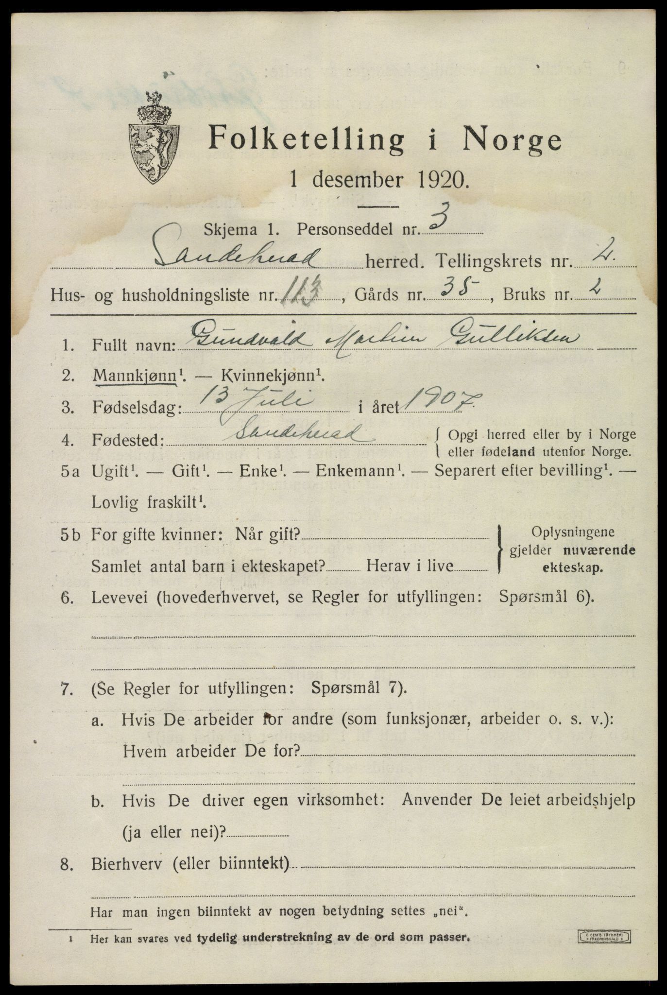 SAKO, 1920 census for Sandeherred, 1920, p. 5190