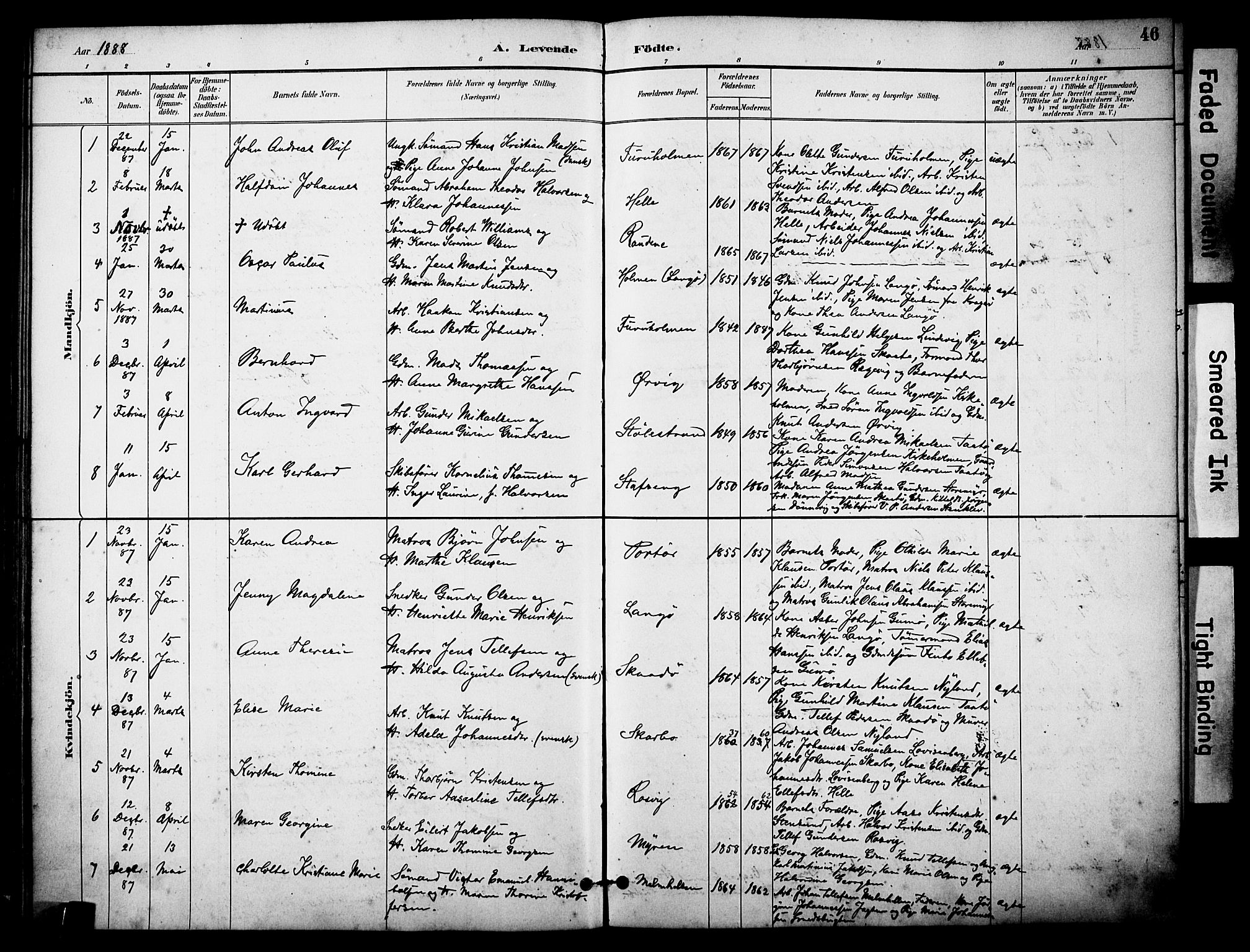 Skåtøy kirkebøker, AV/SAKO-A-304/F/Fa/L0002: Parish register (official) no. I 2, 1884-1899, p. 46