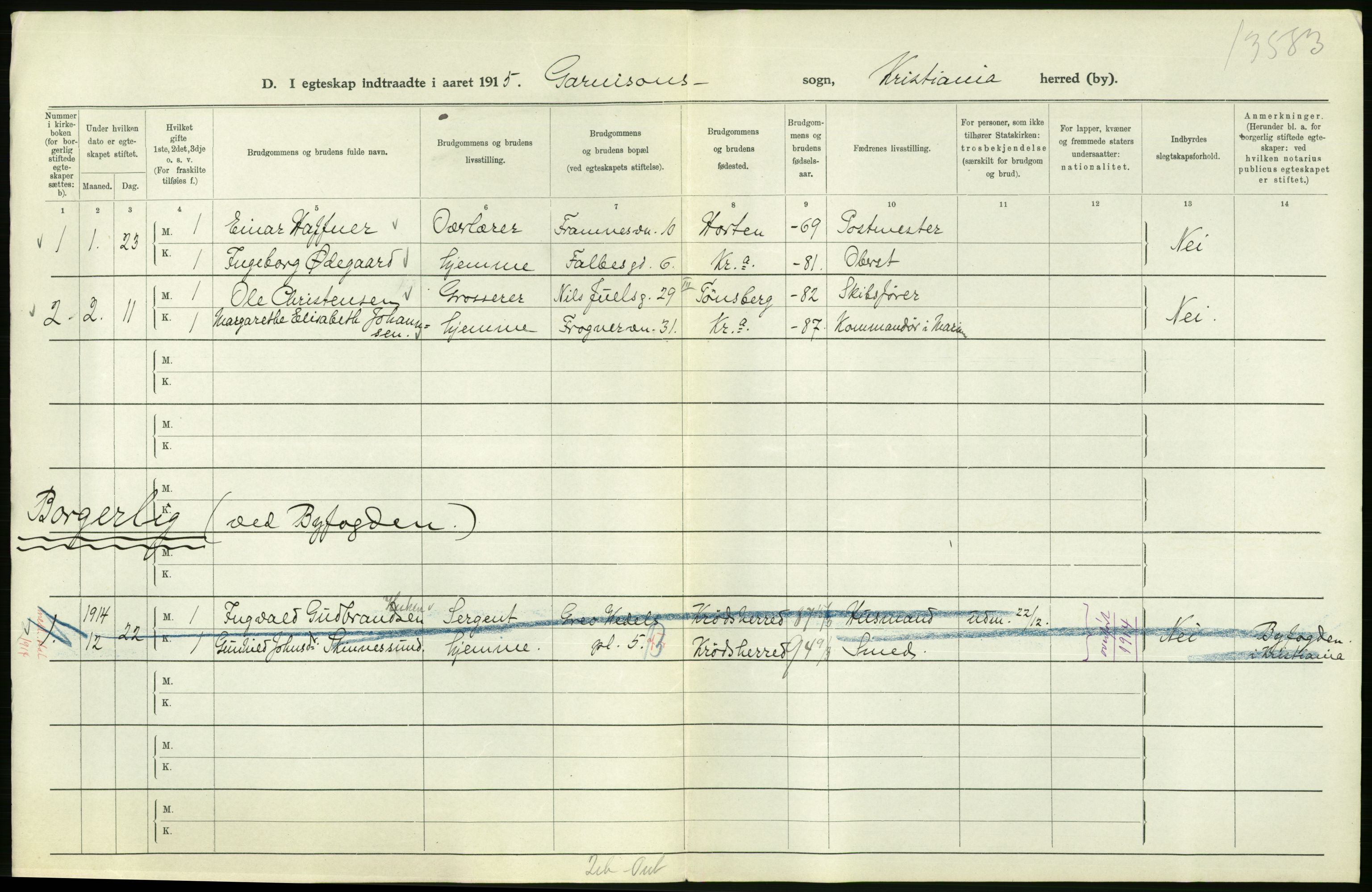 Statistisk sentralbyrå, Sosiodemografiske emner, Befolkning, RA/S-2228/D/Df/Dfb/Dfbe/L0008: Kristiania: Gifte., 1915, p. 652