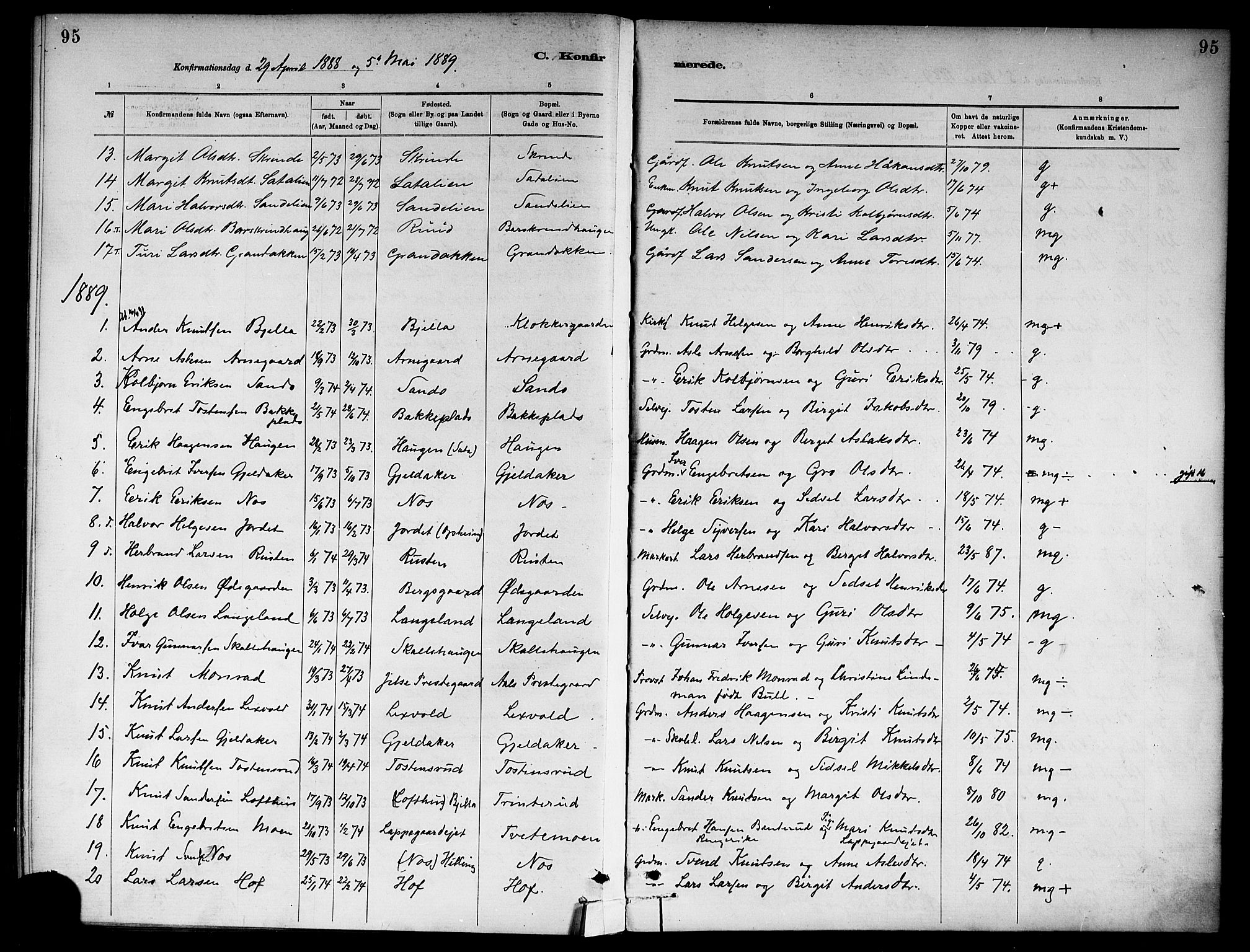 Ål kirkebøker, SAKO/A-249/F/Fa/L0008: Parish register (official) no. I 8, 1882-1896, p. 95