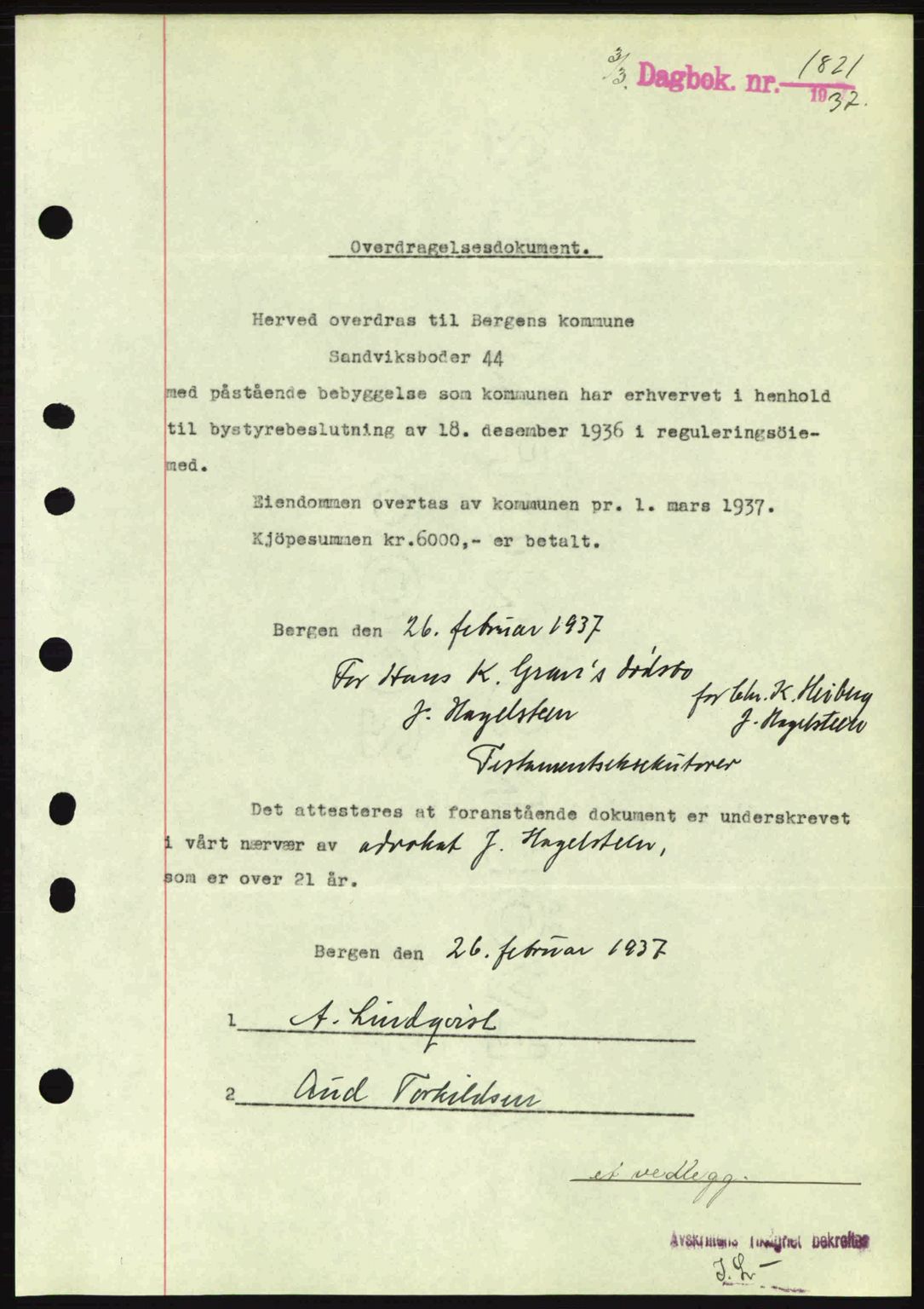 Byfogd og Byskriver i Bergen, SAB/A-3401/03/03Bc/L0004: Mortgage book no. A3-4, 1936-1937, Diary no: : 1821/1937