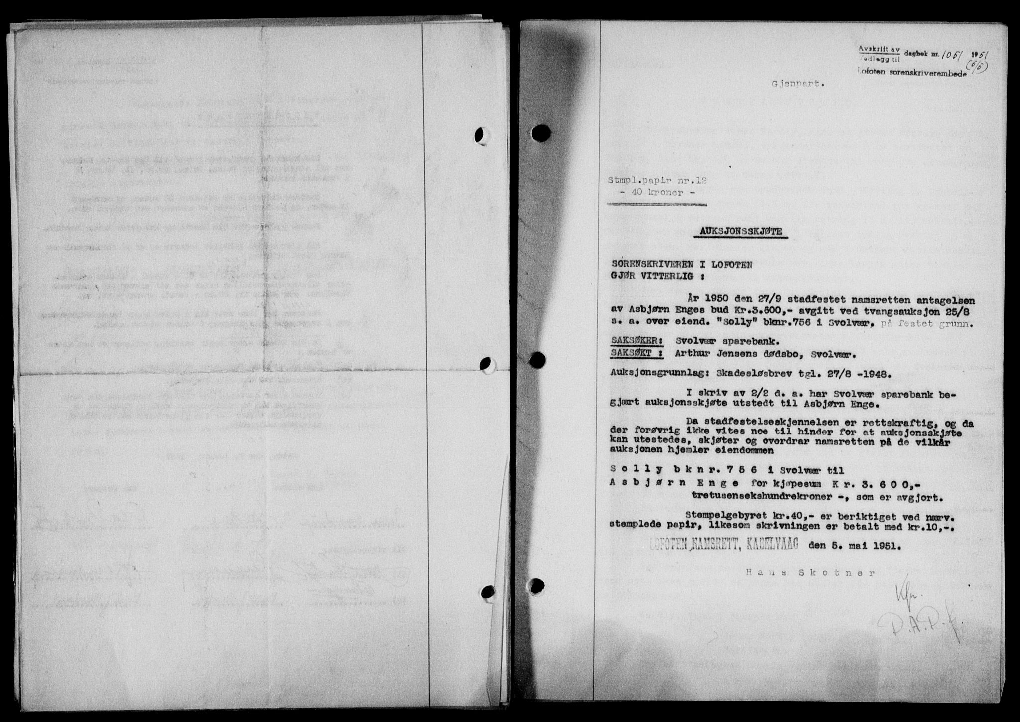 Lofoten sorenskriveri, SAT/A-0017/1/2/2C/L0025a: Mortgage book no. 25a, 1950-1951, Diary no: : 1051/1951