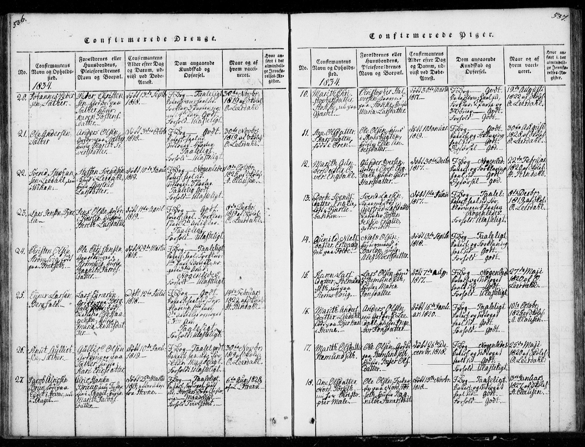 Ministerialprotokoller, klokkerbøker og fødselsregistre - Møre og Romsdal, SAT/A-1454/578/L0903: Parish register (official) no. 578A02, 1819-1838, p. 536-537