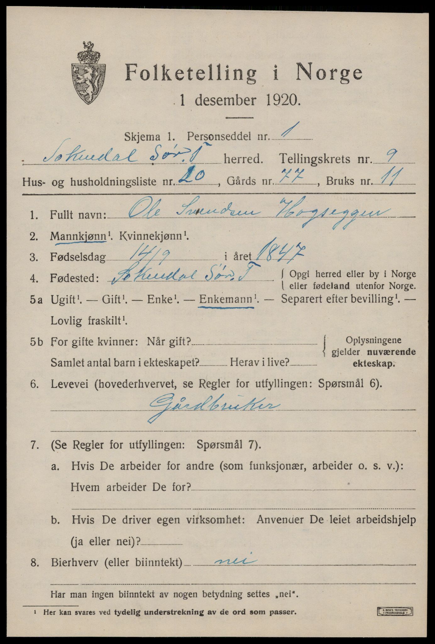 SAT, 1920 census for Soknedal, 1920, p. 4582