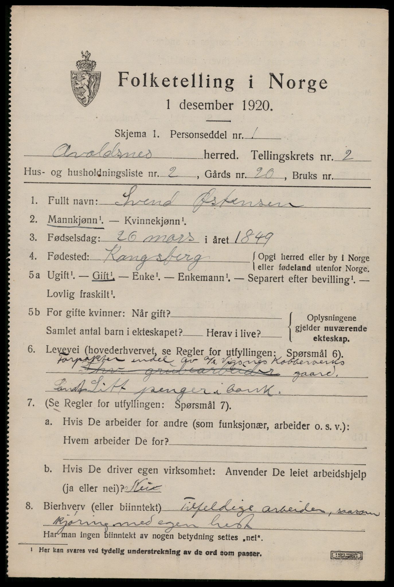 SAST, 1920 census for Avaldsnes, 1920, p. 1827