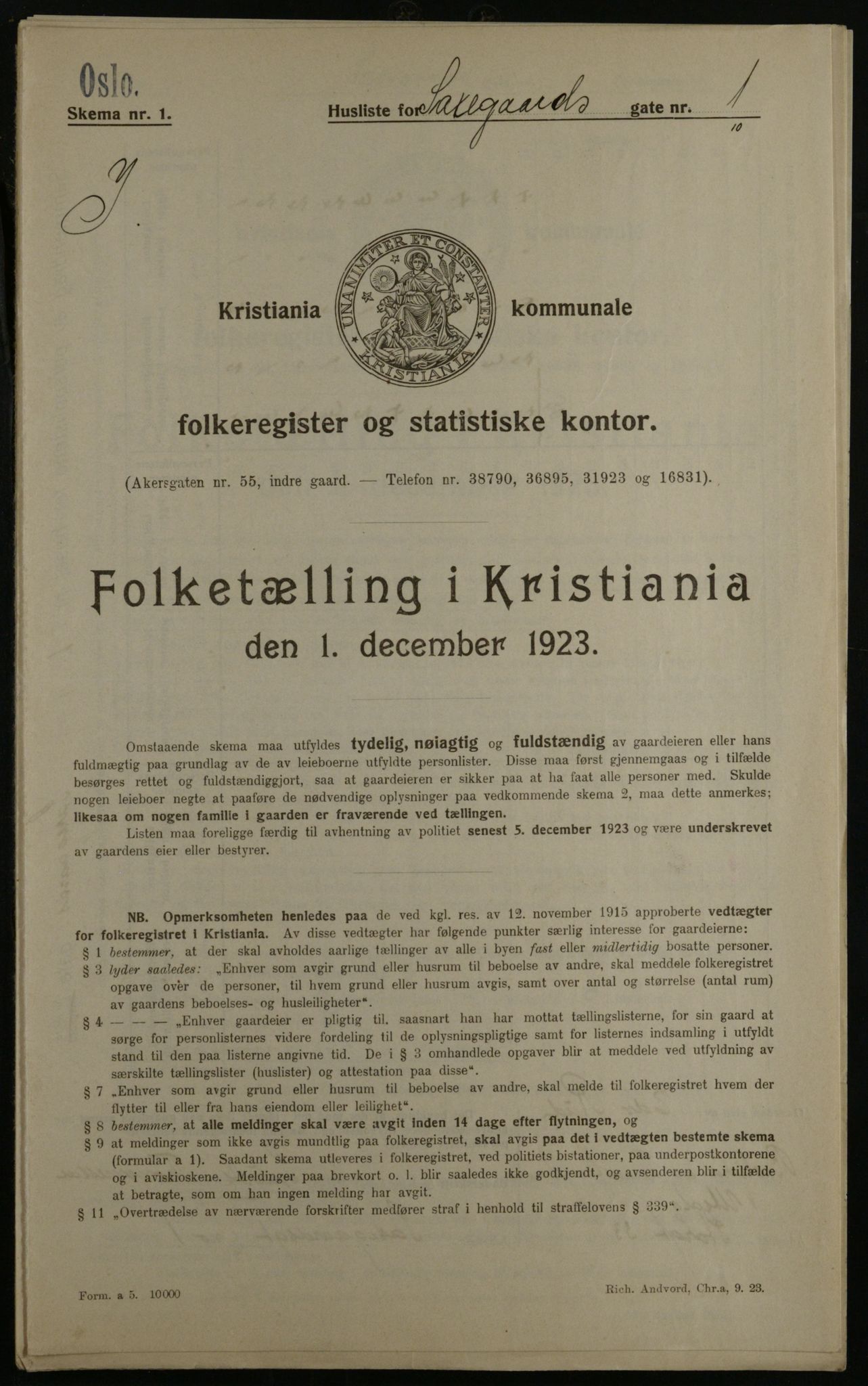 OBA, Municipal Census 1923 for Kristiania, 1923, p. 99073