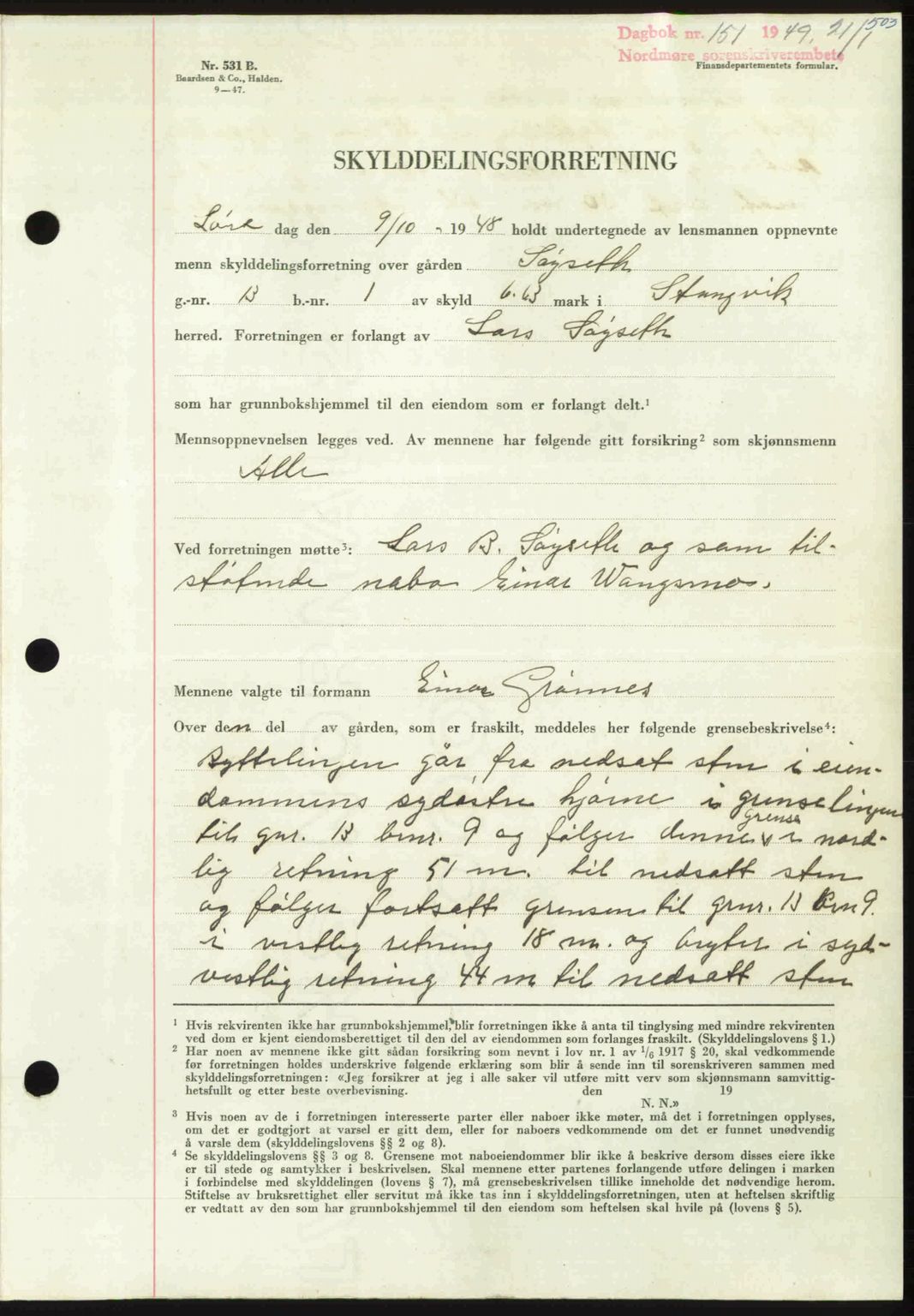 Nordmøre sorenskriveri, AV/SAT-A-4132/1/2/2Ca: Mortgage book no. A110, 1948-1949, Diary no: : 151/1949