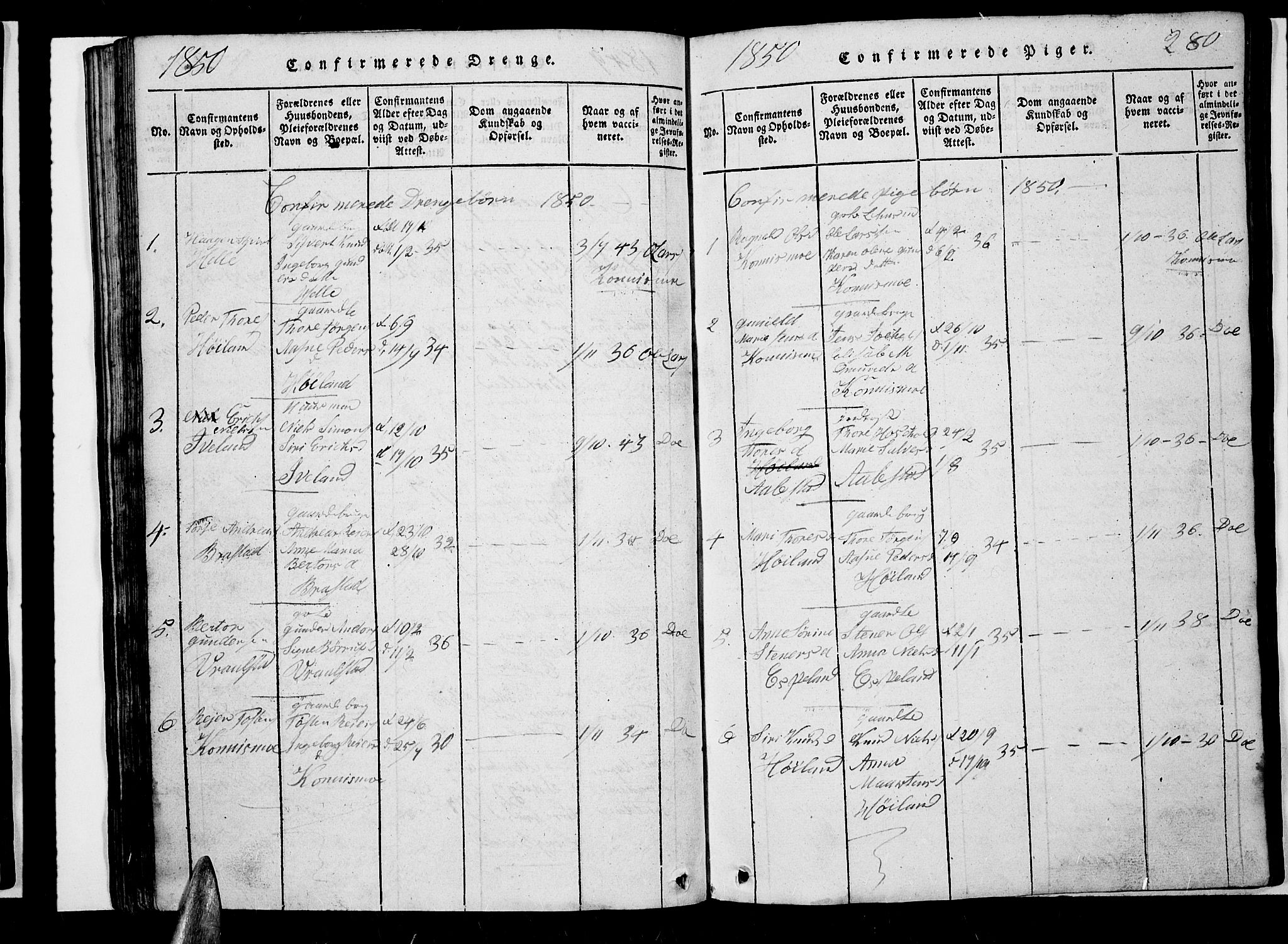 Nord-Audnedal sokneprestkontor, SAK/1111-0032/F/Fb/Fba/L0001: Parish register (copy) no. B 1, 1815-1856, p. 280