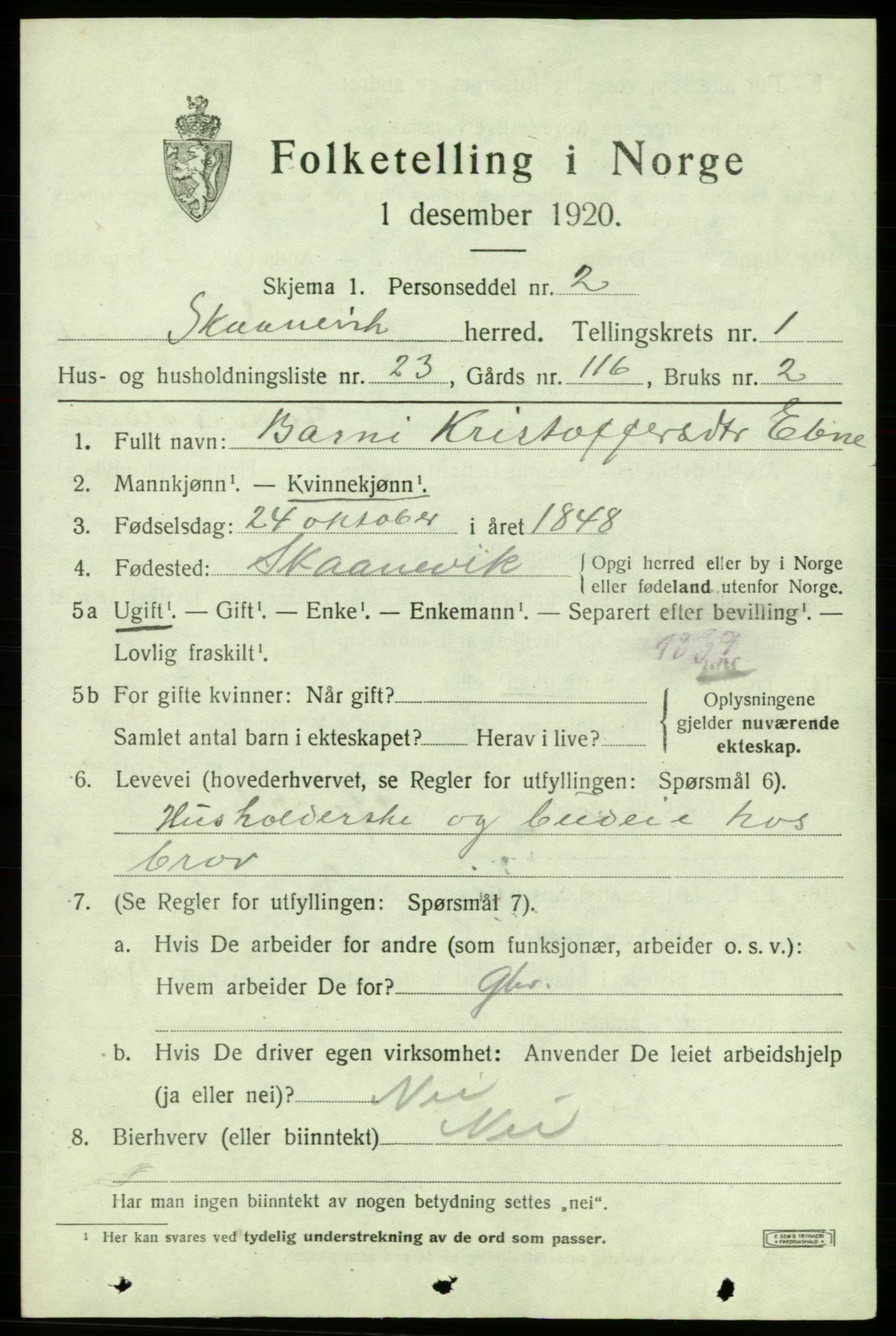 SAB, 1920 census for Skånevik, 1920, p. 2469