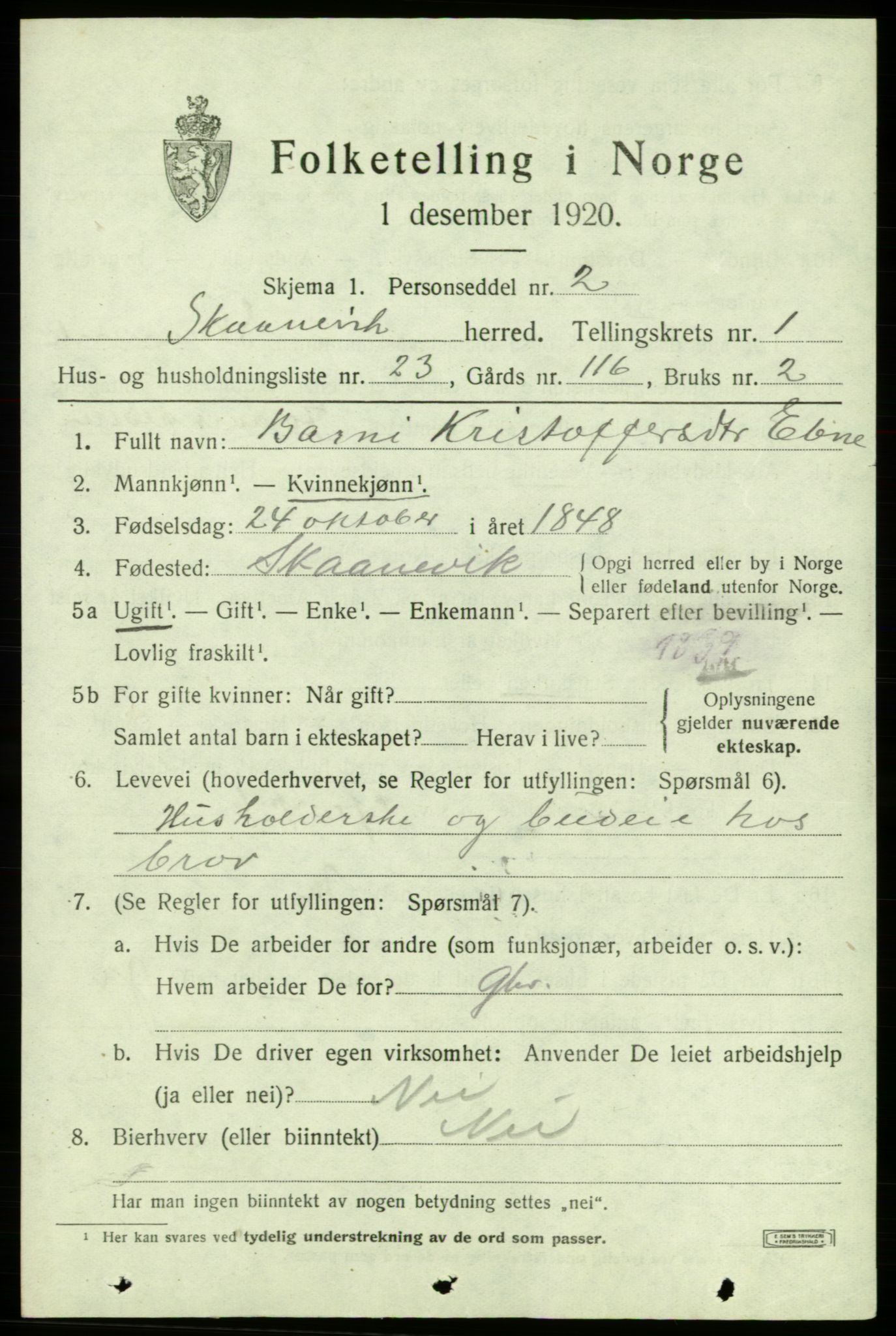 SAB, 1920 census for Skånevik, 1920, p. 2469