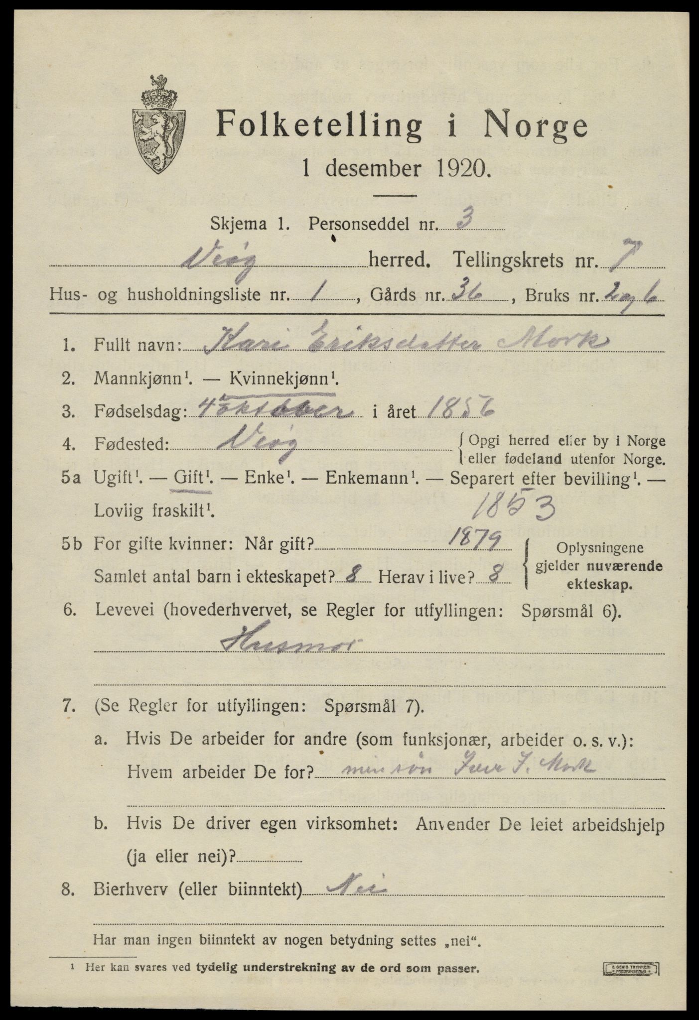 SAT, 1920 census for Veøy, 1920, p. 3081