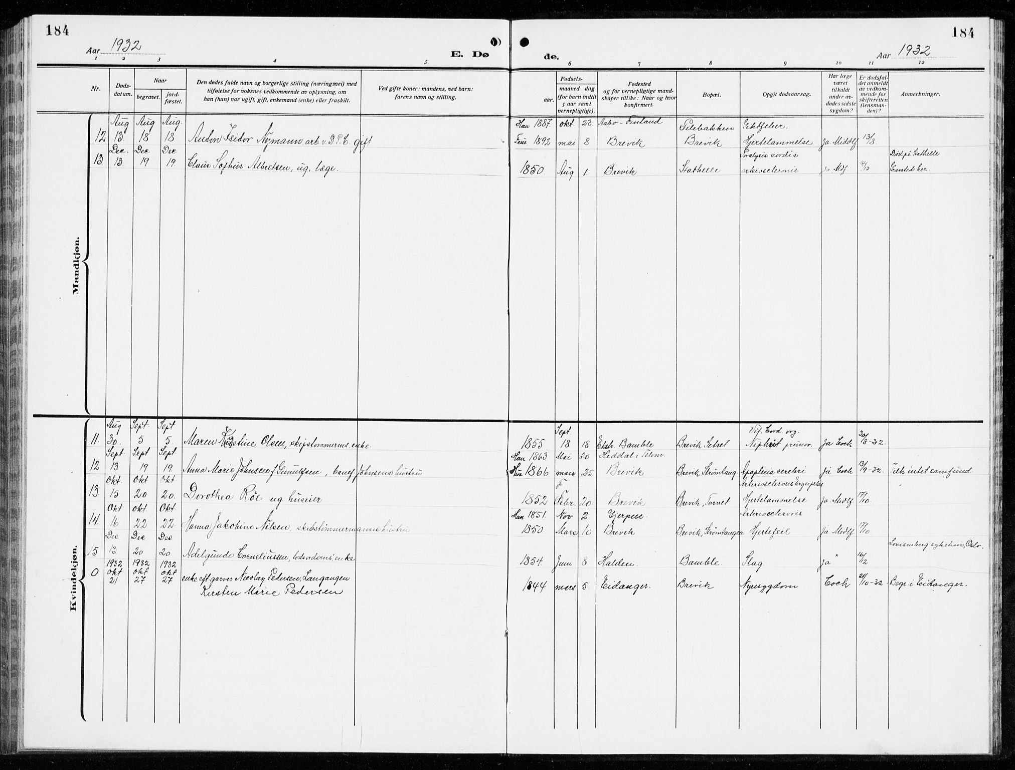 Brevik kirkebøker, SAKO/A-255/G/Ga/L0006: Parish register (copy) no. 6, 1922-1940, p. 184
