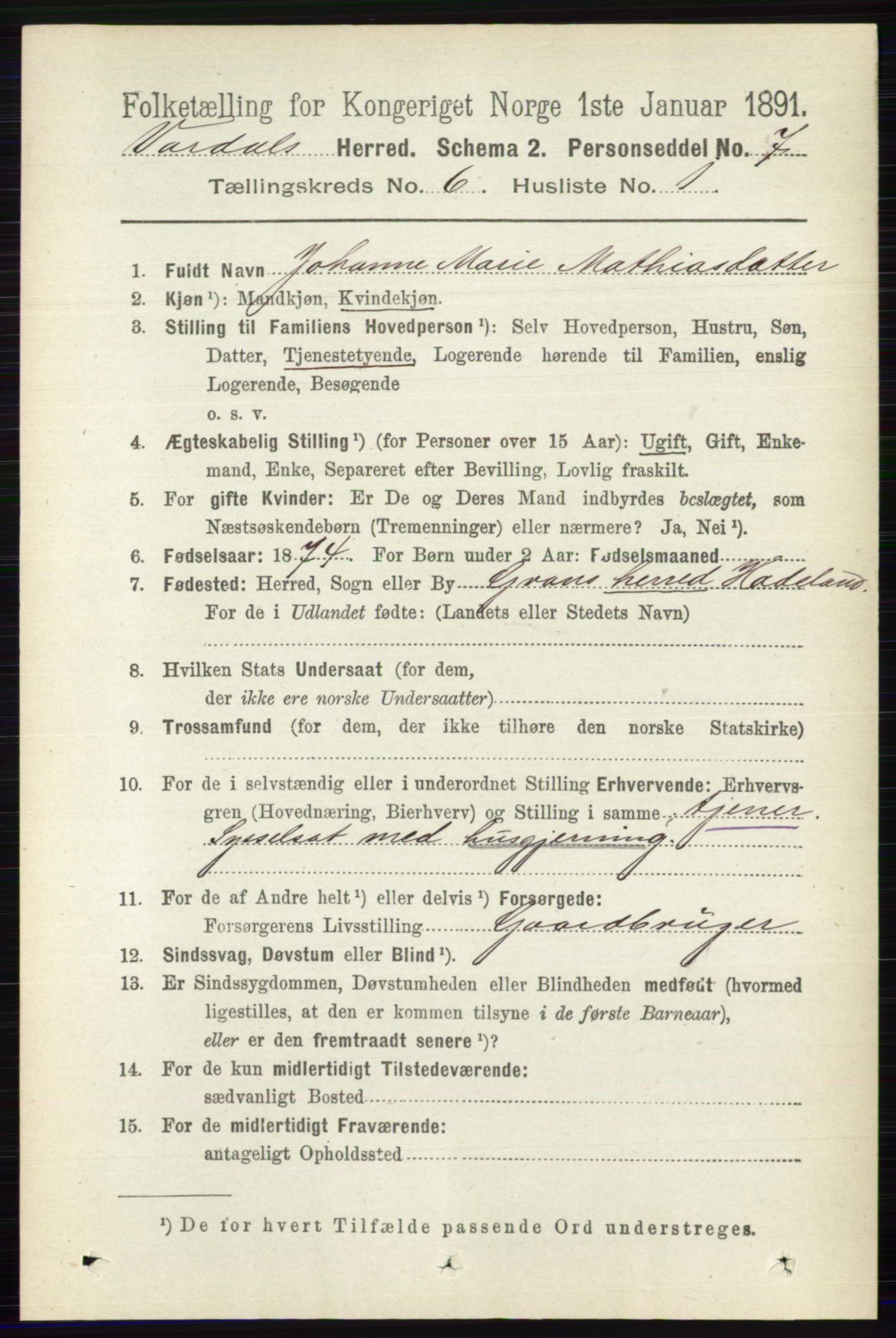 RA, 1891 census for 0527 Vardal, 1891, p. 2380