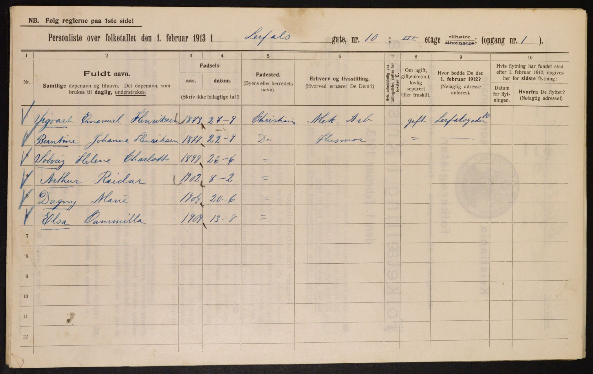 OBA, Municipal Census 1913 for Kristiania, 1913, p. 57012