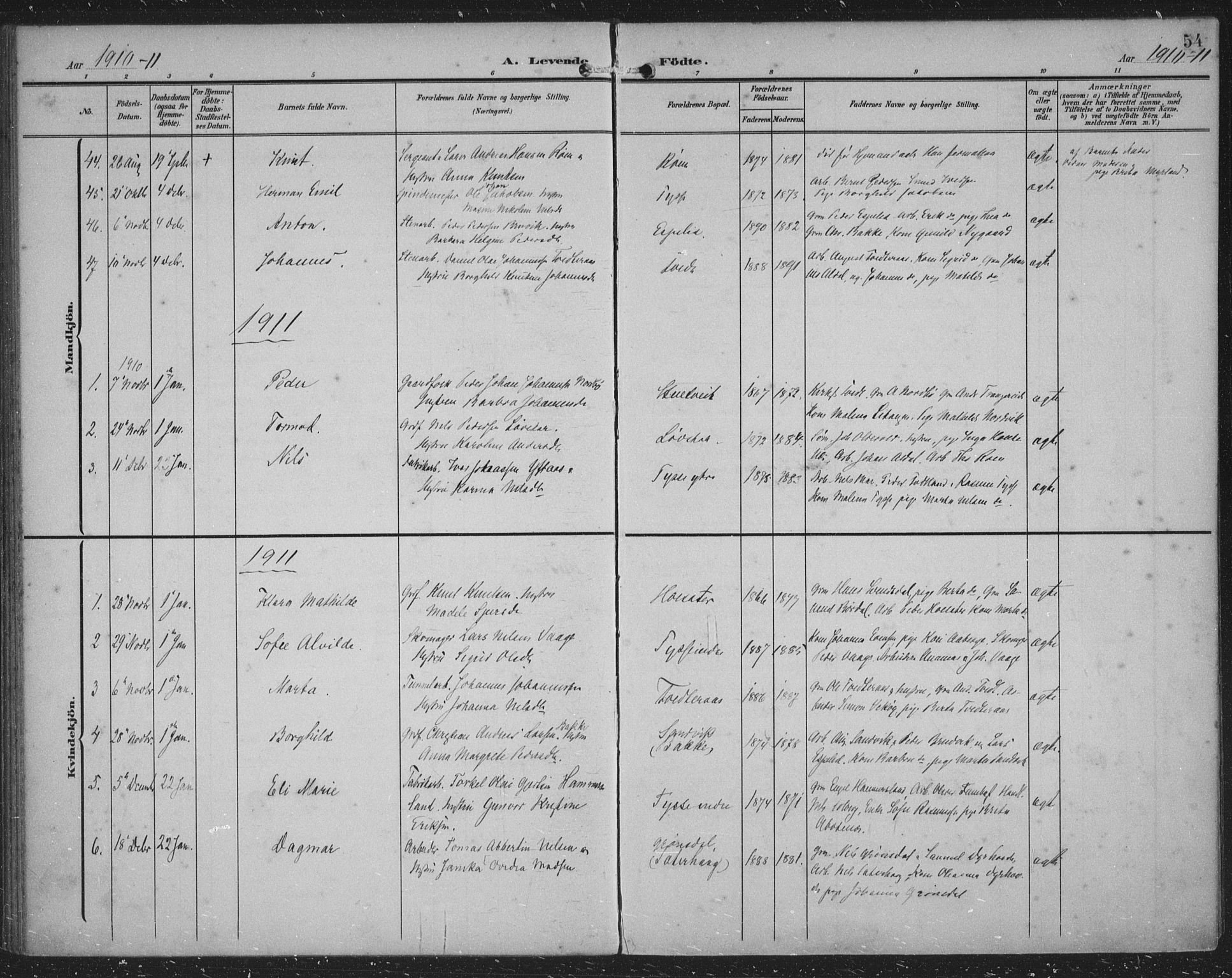 Samnanger Sokneprestembete, SAB/A-77501/H/Haa: Parish register (official) no. A 2, 1902-1918, p. 54