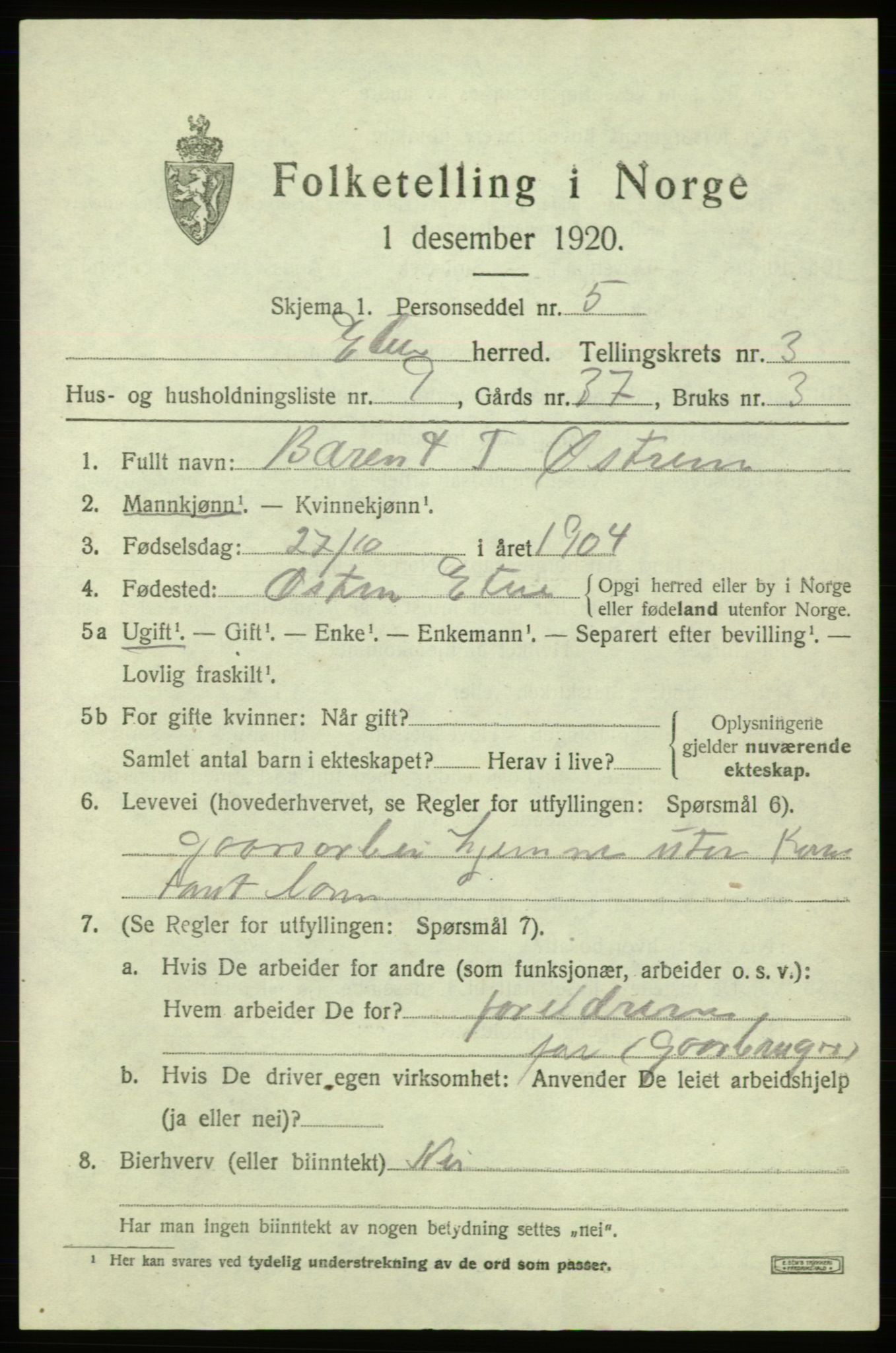 SAB, 1920 census for Etne, 1920, p. 1819