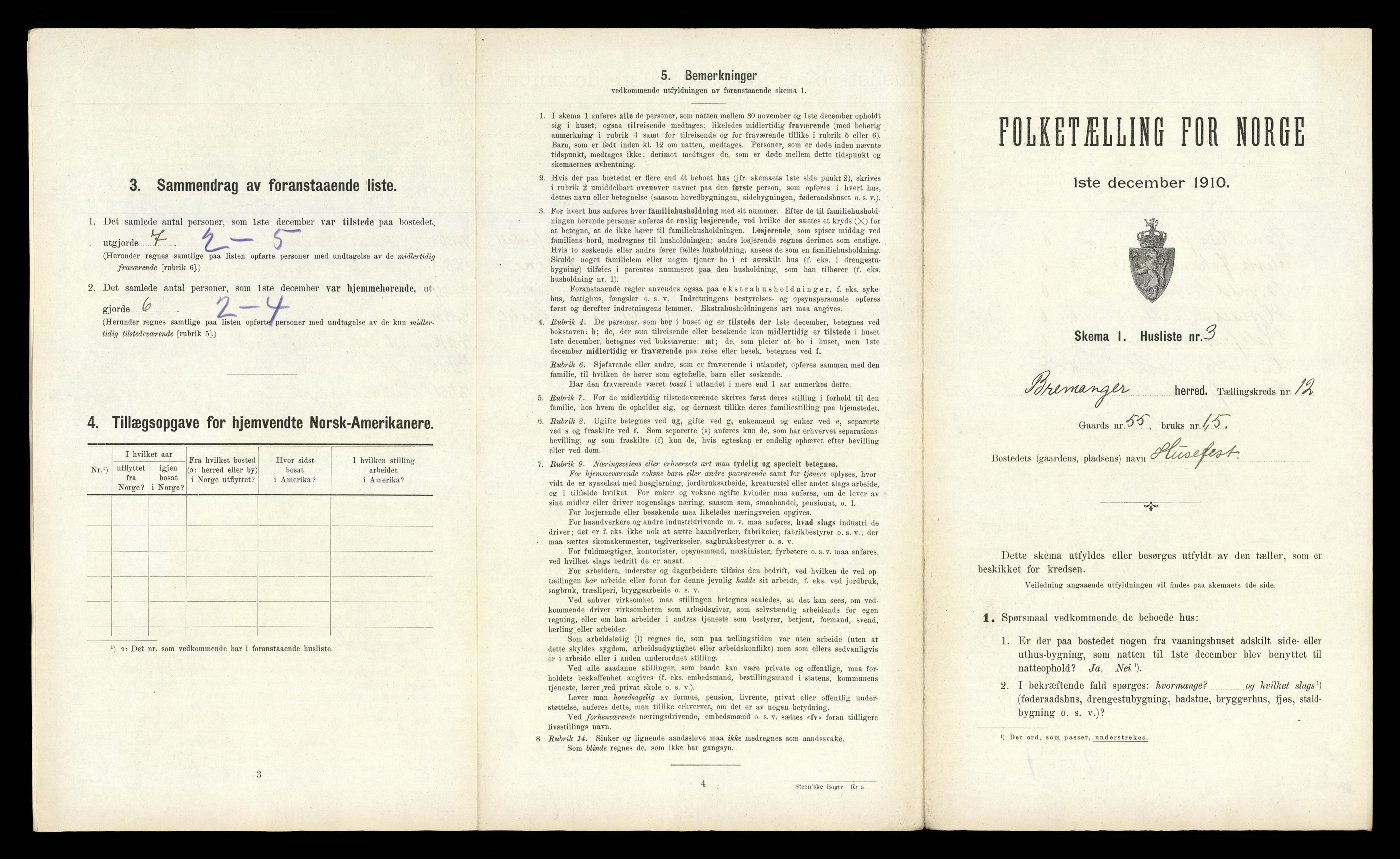 RA, 1910 census for Bremanger, 1910, p. 765
