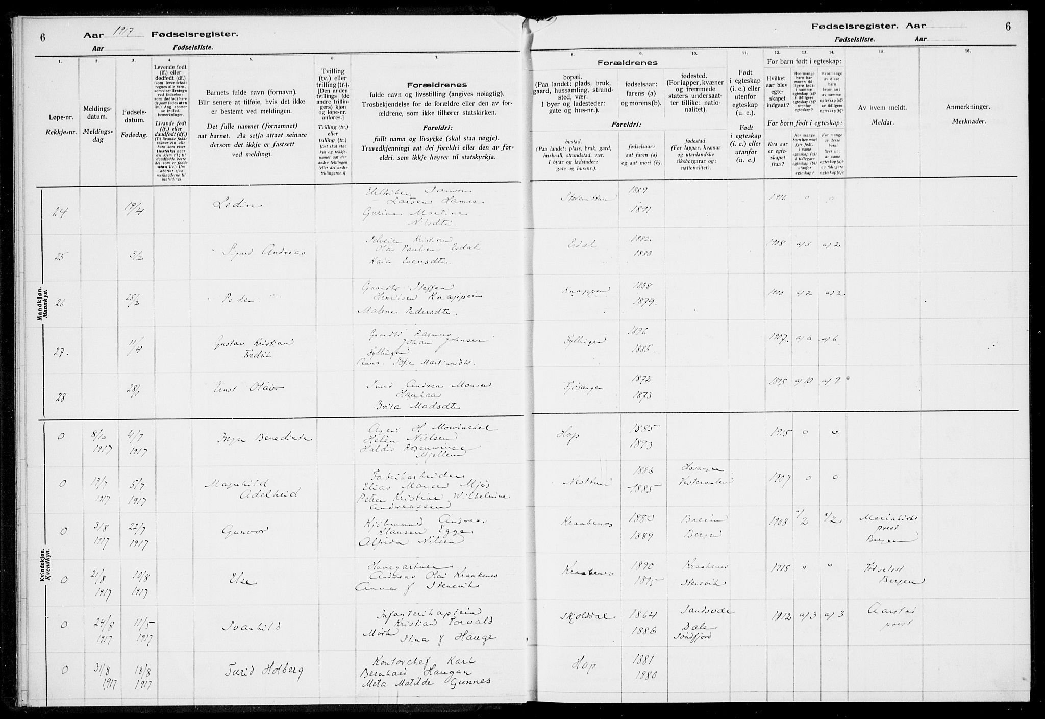 Birkeland Sokneprestembete, AV/SAB-A-74601/I/Id/L00A1: Birth register no. A 1, 1916-1926, p. 6