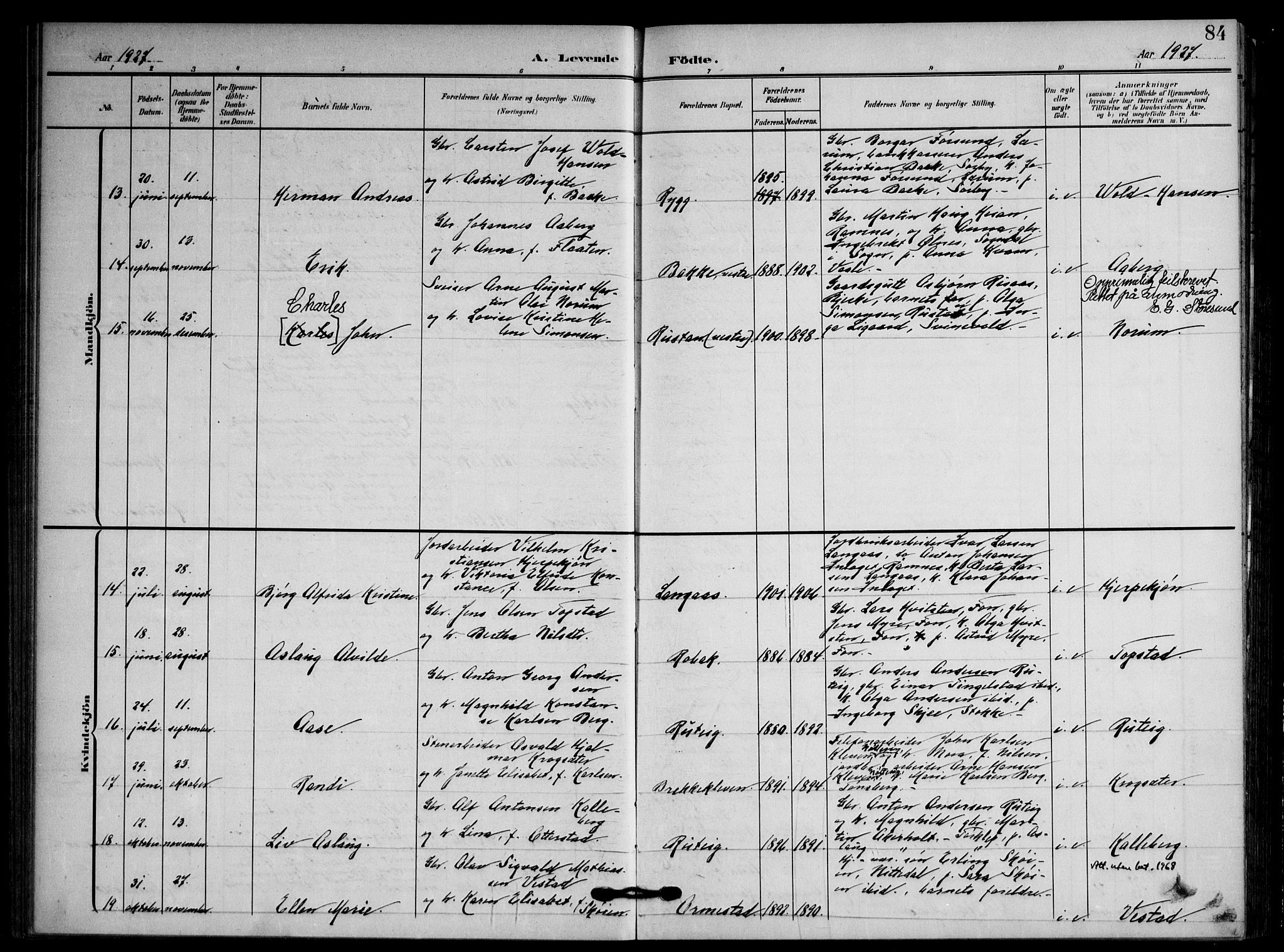 Våle kirkebøker, AV/SAKO-A-334/F/Fa/L0012: Parish register (official) no. I 12, 1907-1934, p. 84