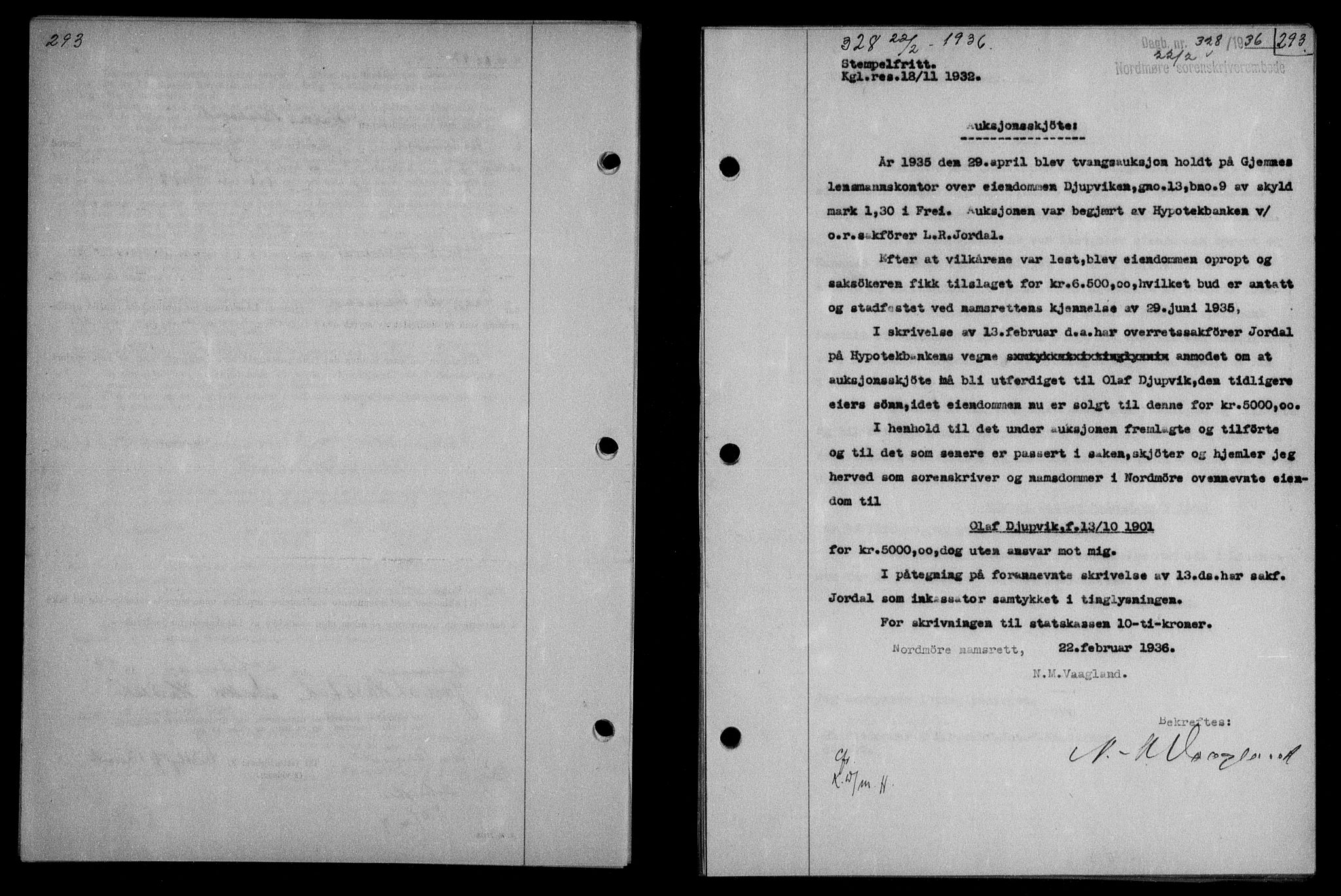 Nordmøre sorenskriveri, AV/SAT-A-4132/1/2/2Ca/L0087: Mortgage book no. 77, 1935-1936, Deed date: 22.02.1936