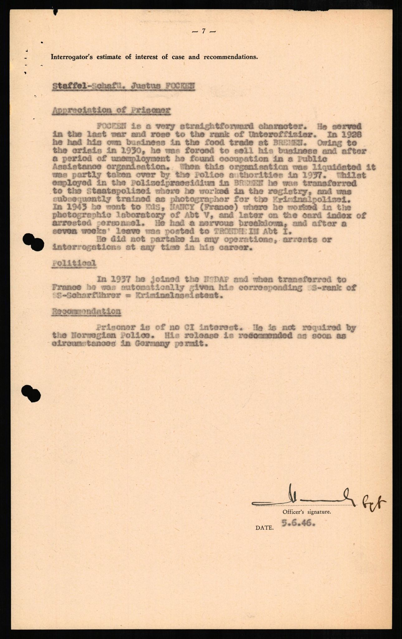 Forsvaret, Forsvarets overkommando II, RA/RAFA-3915/D/Db/L0008: CI Questionaires. Tyske okkupasjonsstyrker i Norge. Tyskere., 1945-1946, p. 184