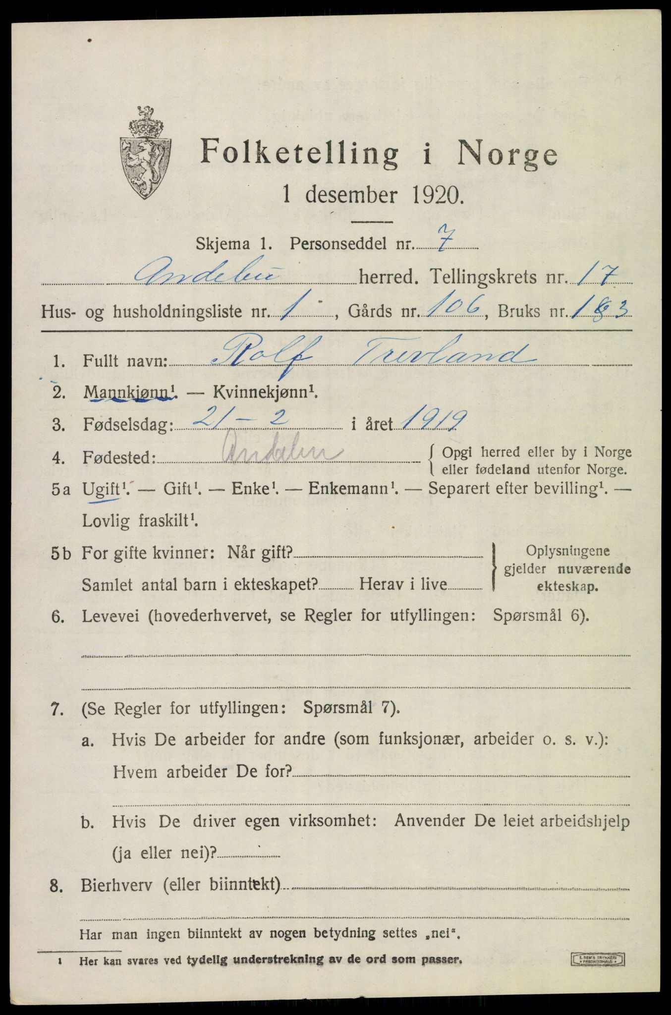 SAKO, 1920 census for Andebu, 1920, p. 5730