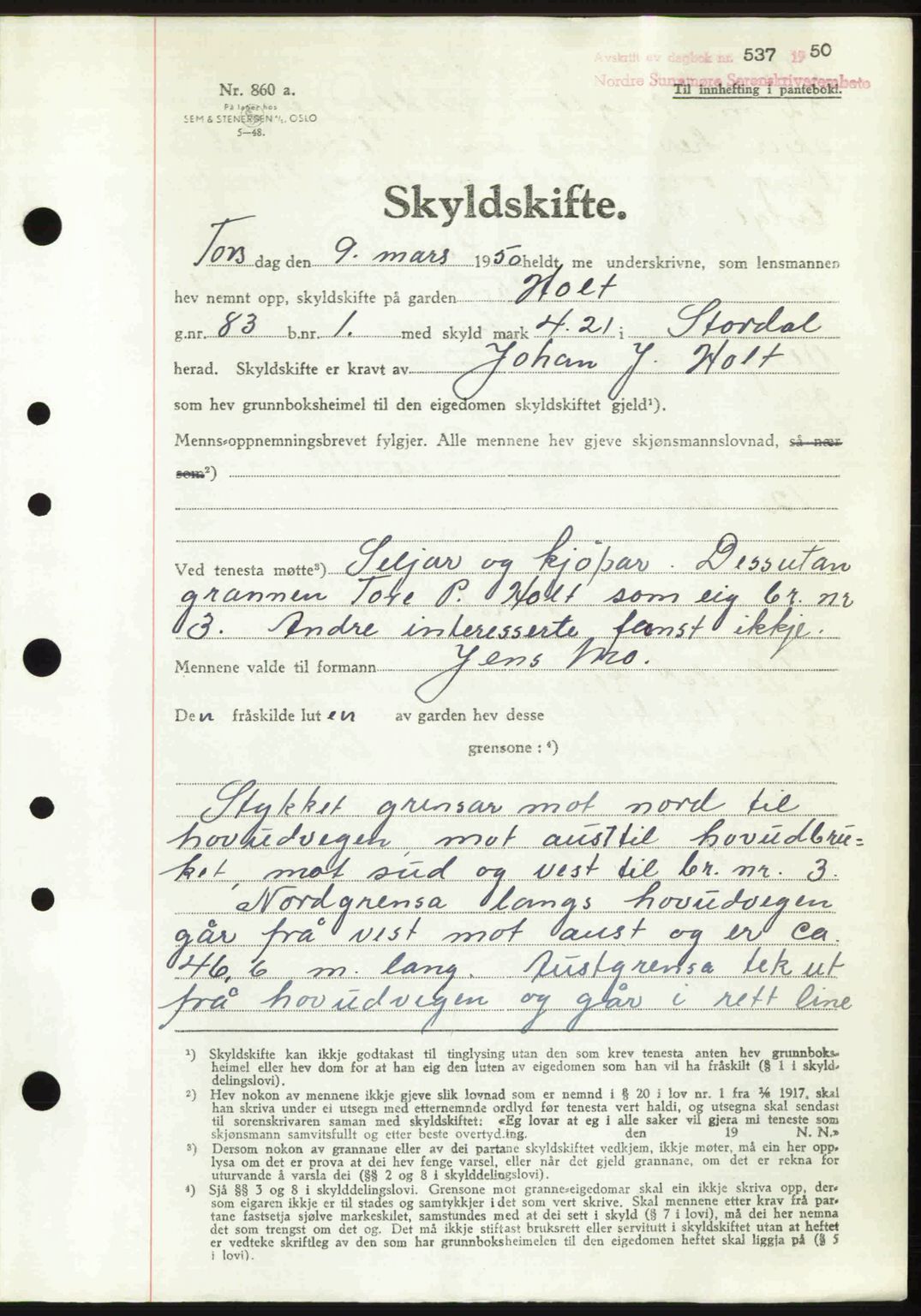 Nordre Sunnmøre sorenskriveri, AV/SAT-A-0006/1/2/2C/2Ca: Mortgage book no. A33, 1949-1950, Diary no: : 537/1950