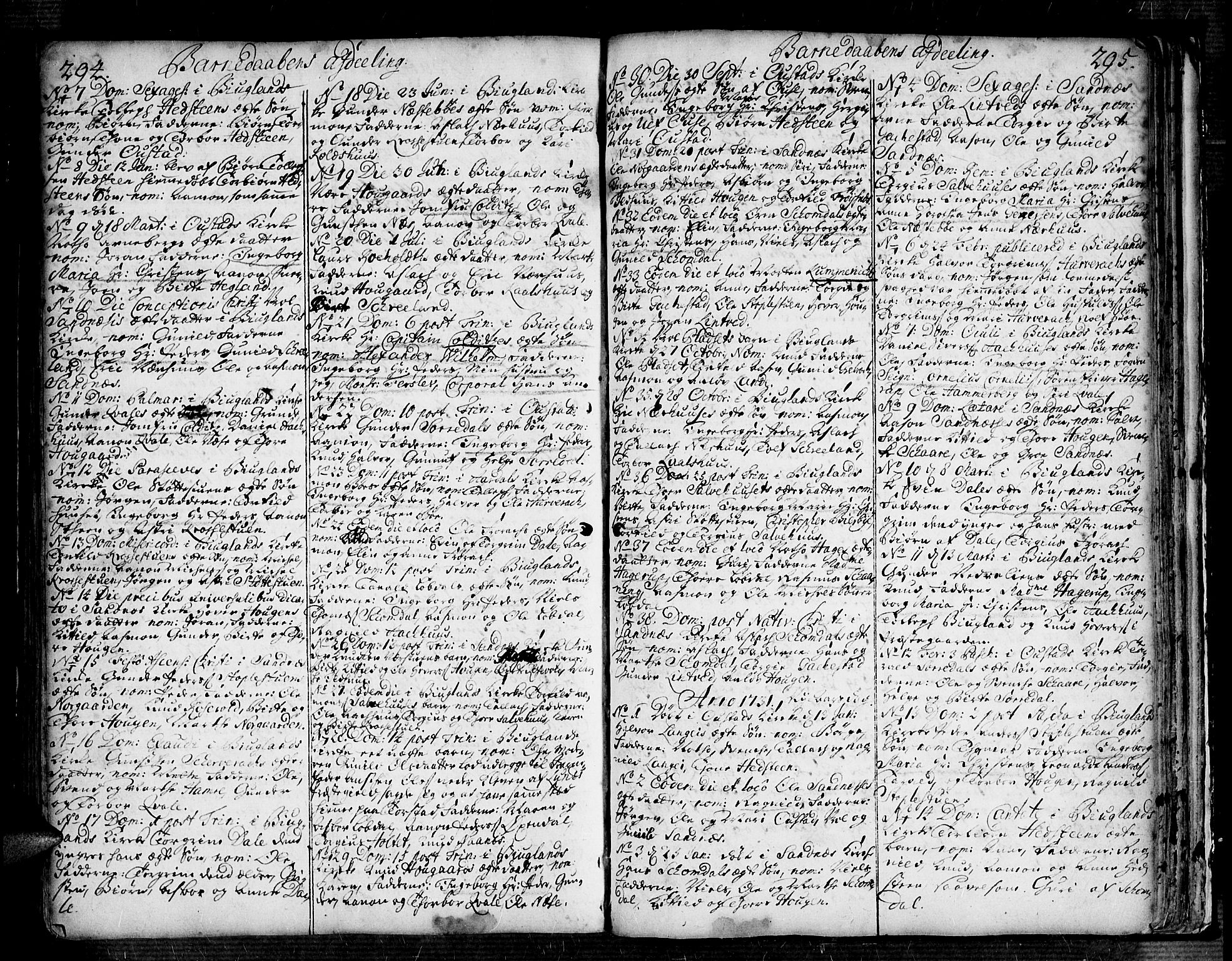 Bygland sokneprestkontor, SAK/1111-0006/F/Fa/Fab/L0001: Parish register (official) no. A 1, 1725-1766, p. 294-295