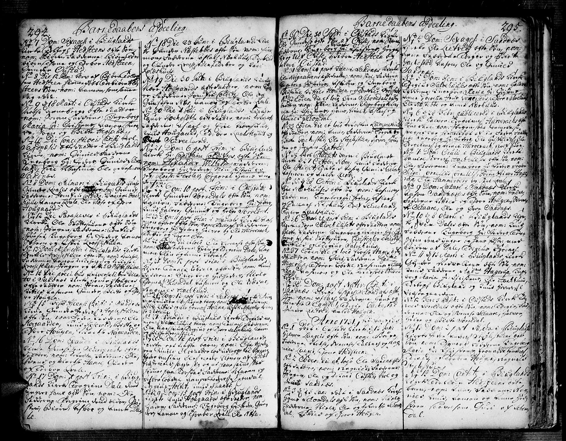 Bygland sokneprestkontor, AV/SAK-1111-0006/F/Fa/Fab/L0001: Parish register (official) no. A 1, 1725-1766, p. 294-295