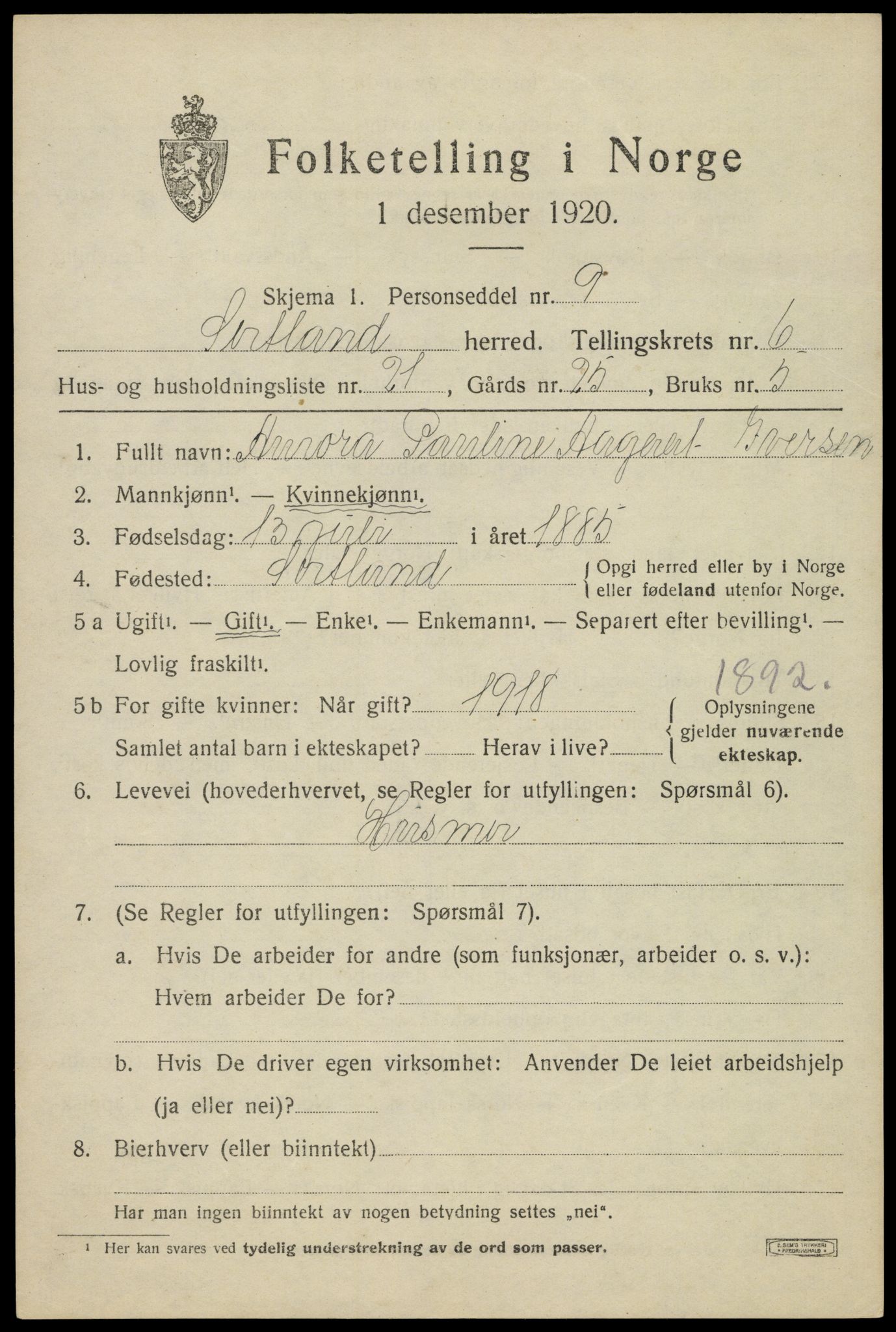 SAT, 1920 census for Sortland, 1920, p. 6512