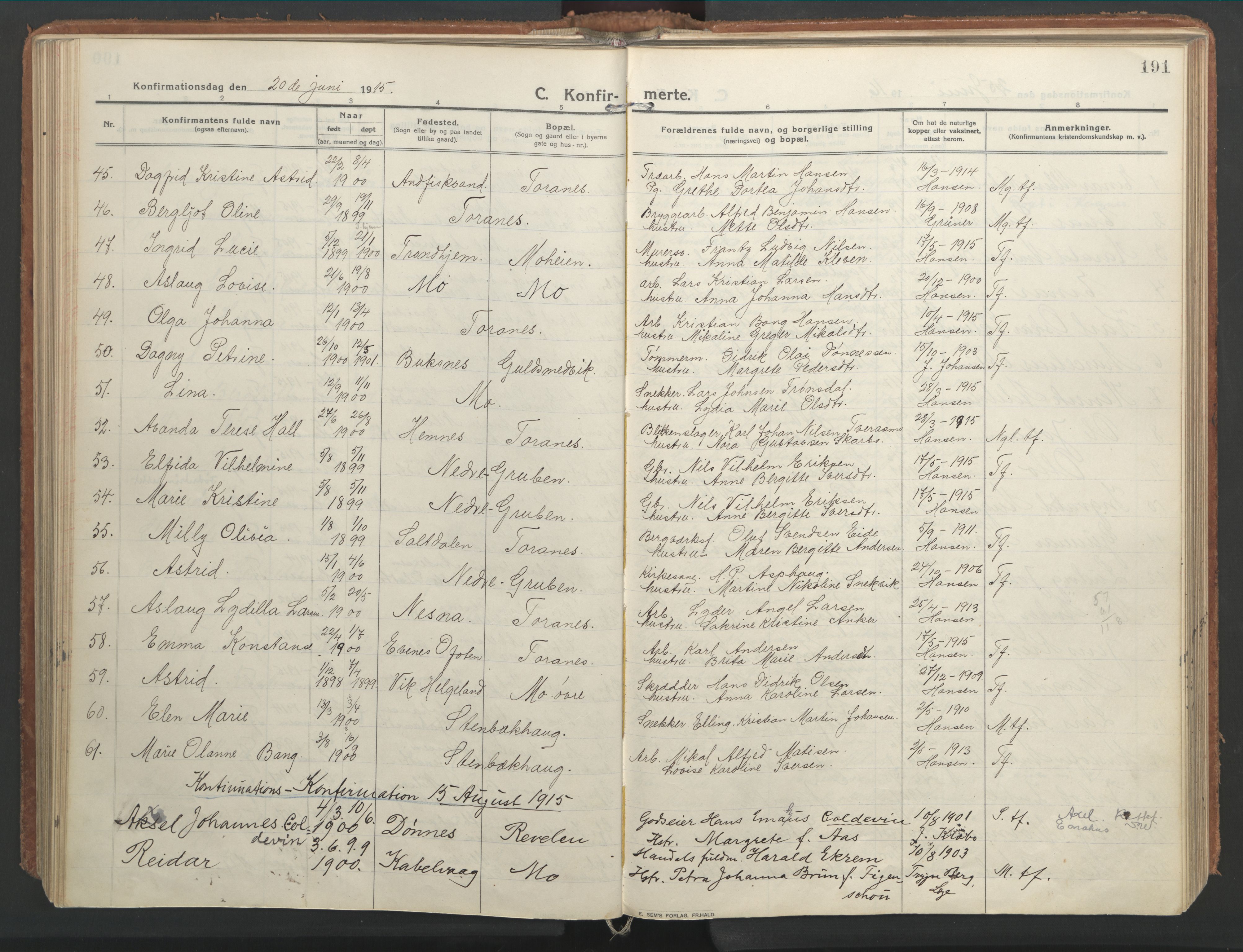 Ministerialprotokoller, klokkerbøker og fødselsregistre - Nordland, SAT/A-1459/827/L0404: Parish register (official) no. 827A16, 1912-1925, p. 191