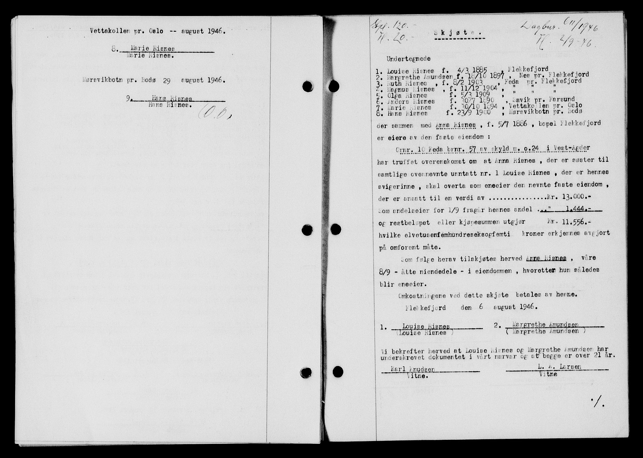 Flekkefjord sorenskriveri, AV/SAK-1221-0001/G/Gb/Gba/L0060: Mortgage book no. A-8, 1945-1946, Diary no: : 611/1946