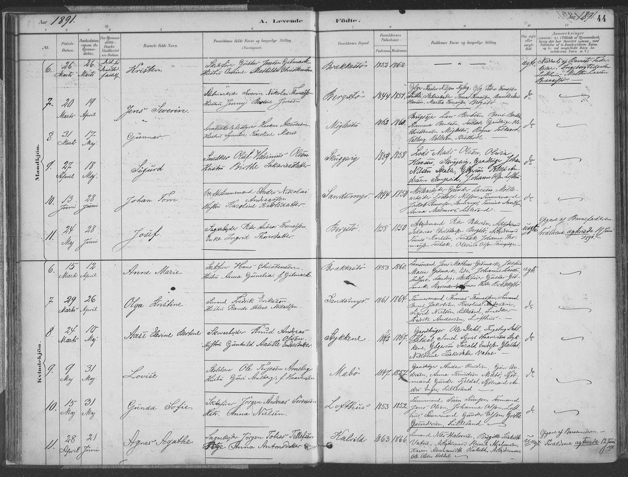 Vestre Moland sokneprestkontor, AV/SAK-1111-0046/F/Fa/Fab/L0009: Parish register (official) no. A 9, 1884-1899, p. 44