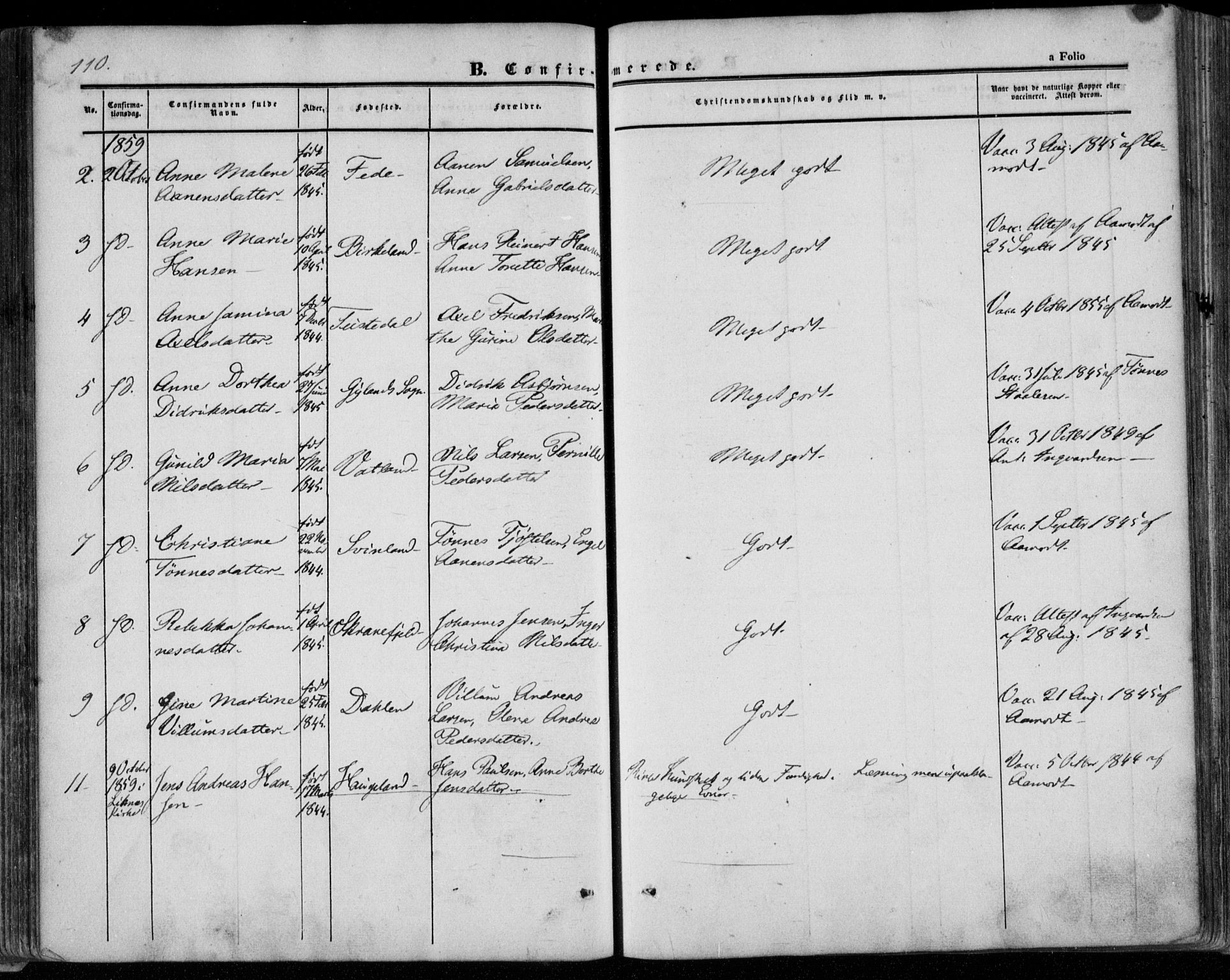 Kvinesdal sokneprestkontor, AV/SAK-1111-0026/F/Fa/Faa/L0002: Parish register (official) no. A 2, 1850-1876, p. 110