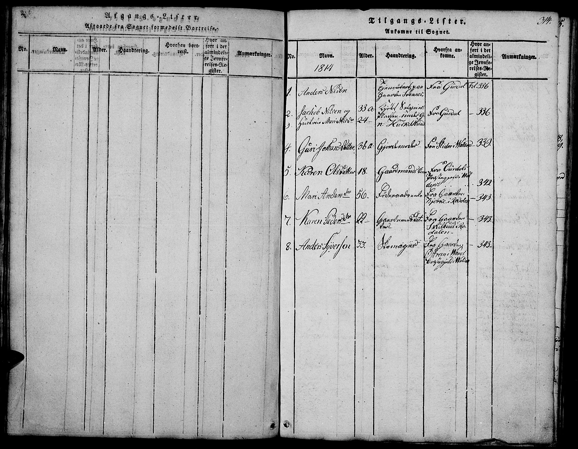 Biri prestekontor, SAH/PREST-096/H/Ha/Hab/L0001: Parish register (copy) no. 1, 1814-1828, p. 314
