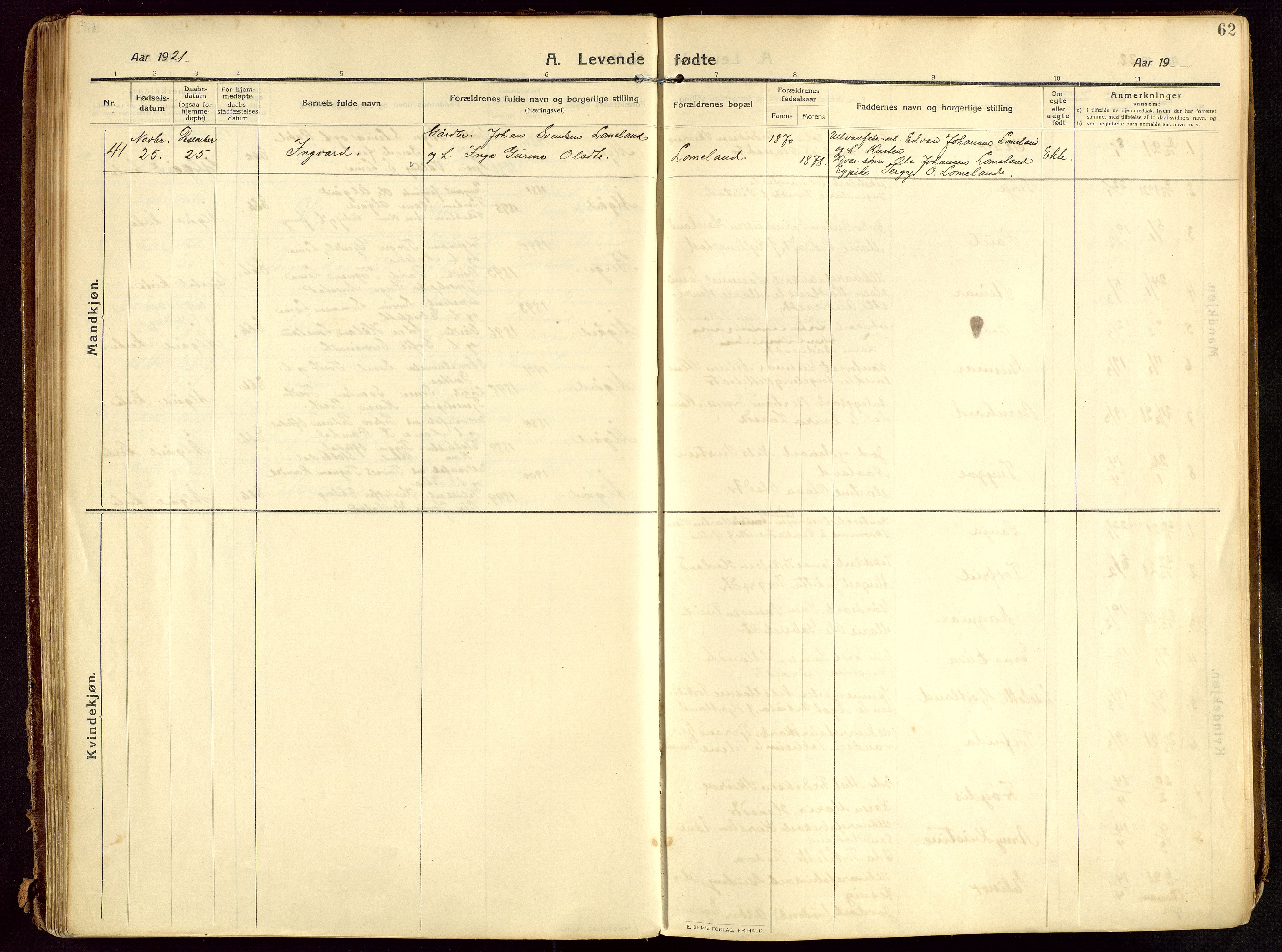 Lye sokneprestkontor, AV/SAST-A-101794/002/B/L0001: Parish register (official) no. A 13, 1910-1925, p. 62