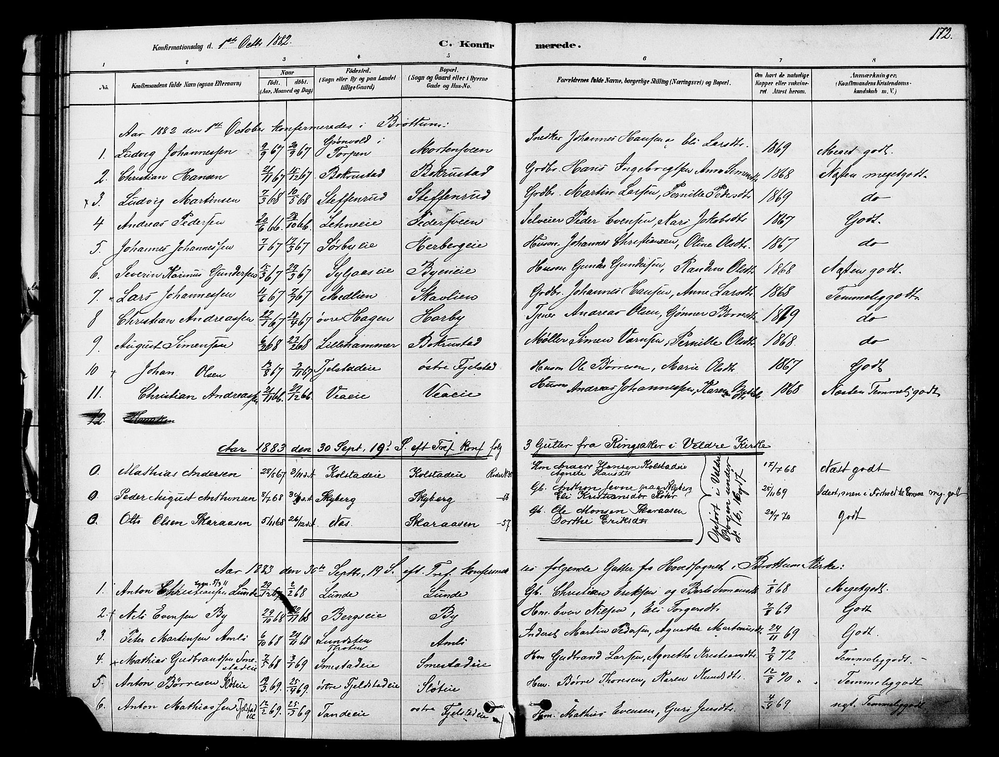 Ringsaker prestekontor, SAH/PREST-014/K/Ka/L0012: Parish register (official) no. 12, 1879-1890, p. 172