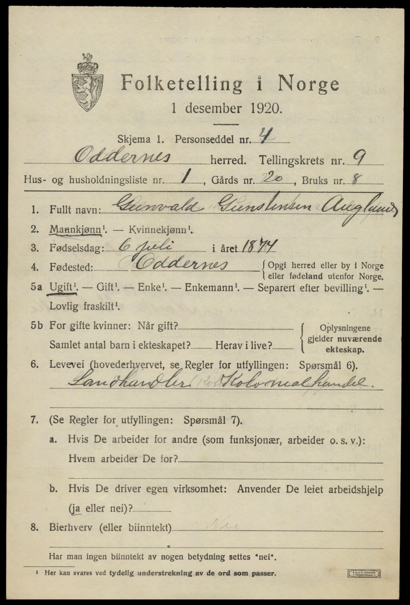 SAK, 1920 census for Oddernes, 1920, p. 6049