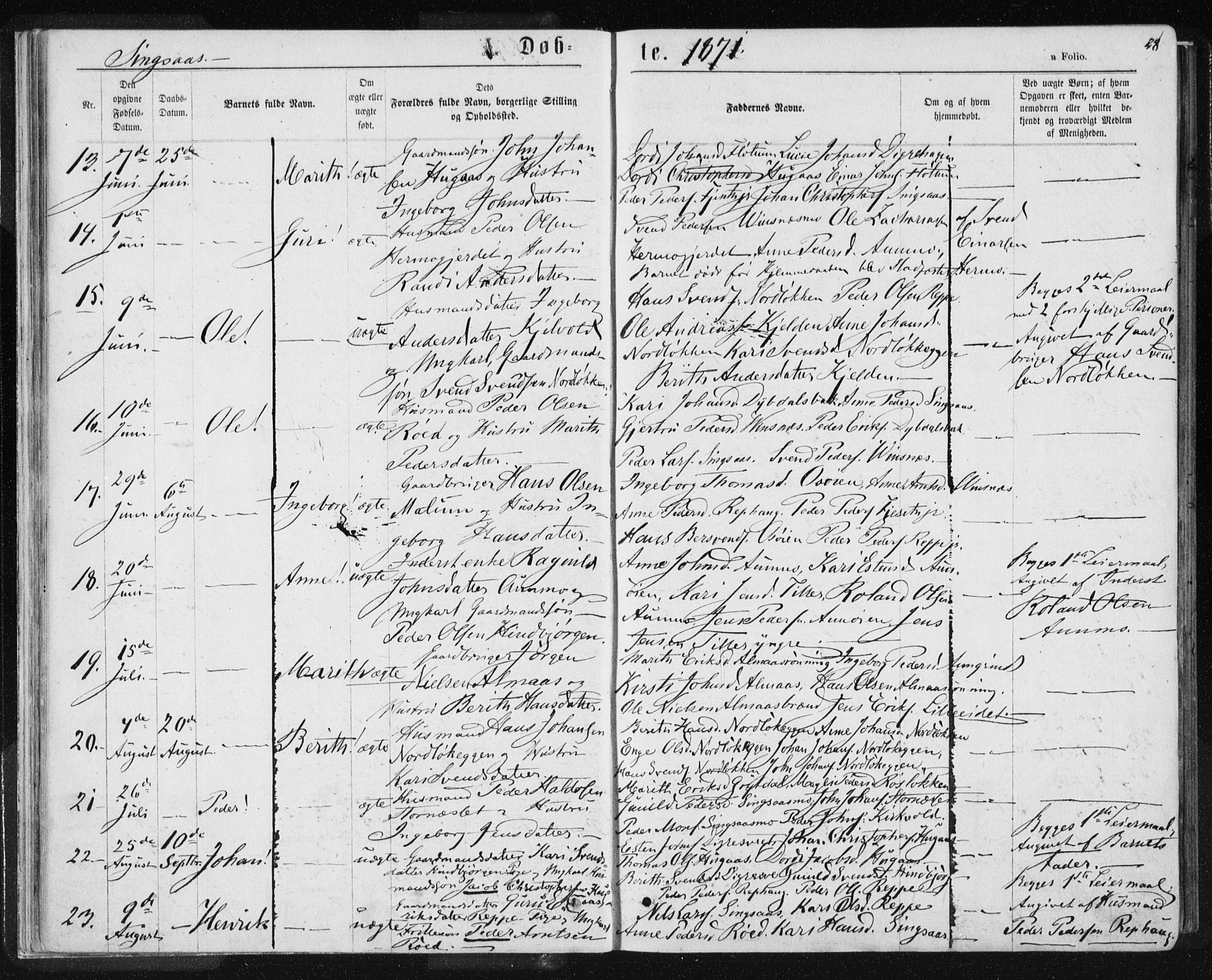 Ministerialprotokoller, klokkerbøker og fødselsregistre - Sør-Trøndelag, SAT/A-1456/685/L0970: Parish register (official) no. 685A08 /2, 1870-1878, p. 28