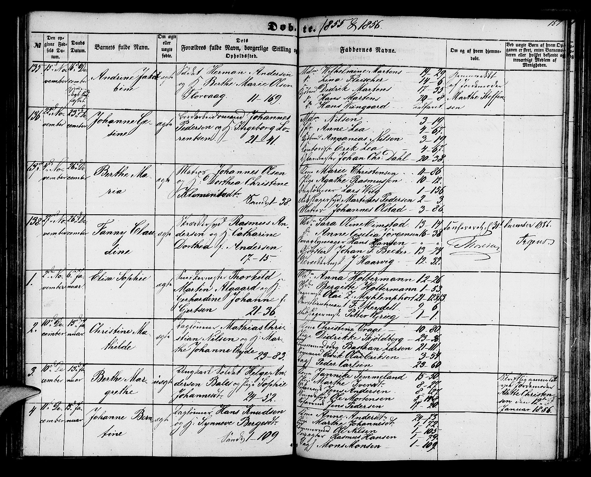 Korskirken sokneprestembete, SAB/A-76101/H/Hab: Parish register (copy) no. B 3, 1853-1858, p. 157