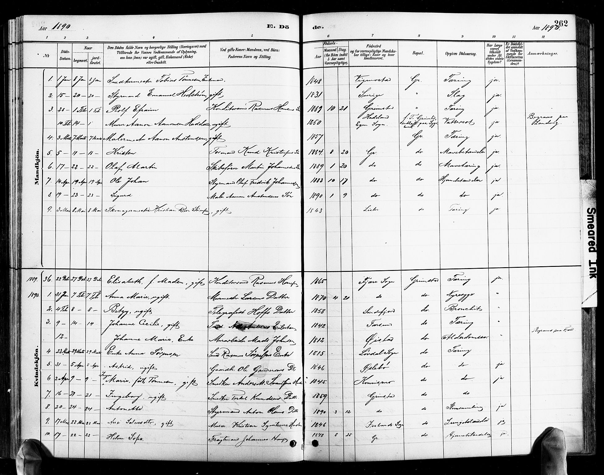 Grimstad sokneprestkontor, AV/SAK-1111-0017/F/Fb/L0001: Parish register (copy) no. B 1, 1881-1922, p. 262