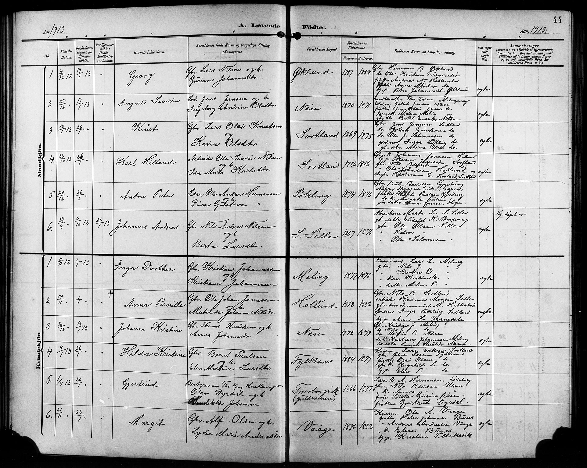 Finnås sokneprestembete, AV/SAB-A-99925/H/Ha/Hab/Habb/L0005: Parish register (copy) no. B 5, 1907-1920, p. 44