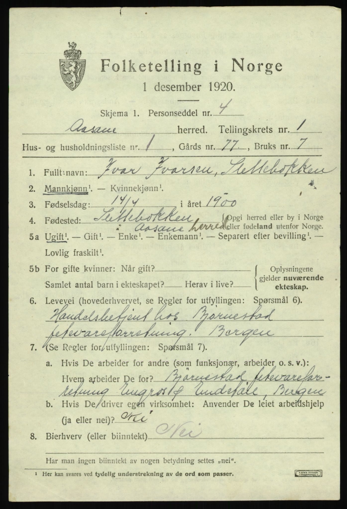 SAB, 1920 census for Åsane, 1920, p. 777