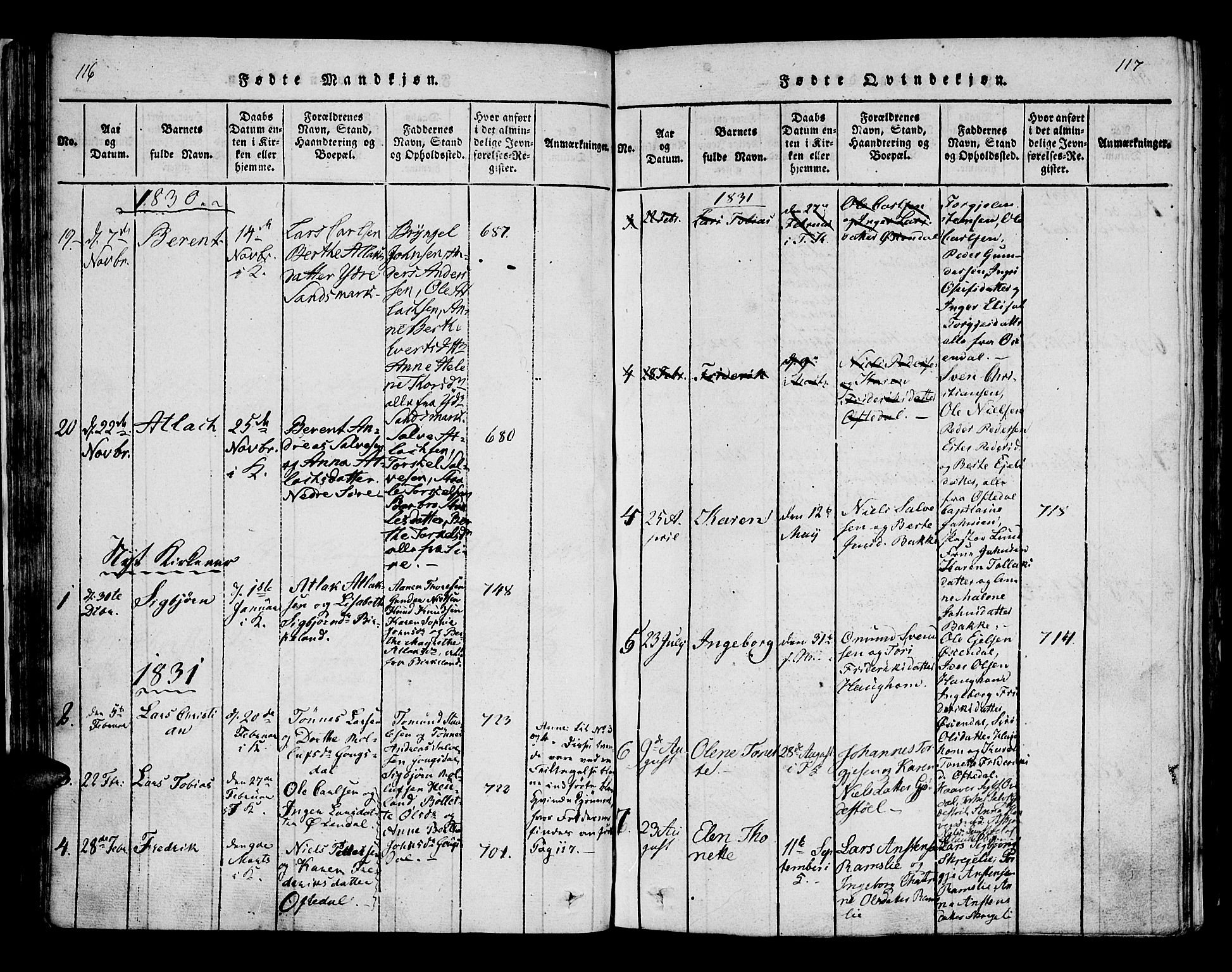 Bakke sokneprestkontor, SAK/1111-0002/F/Fa/Faa/L0003: Parish register (official) no. A 3, 1815-1835, p. 116-117