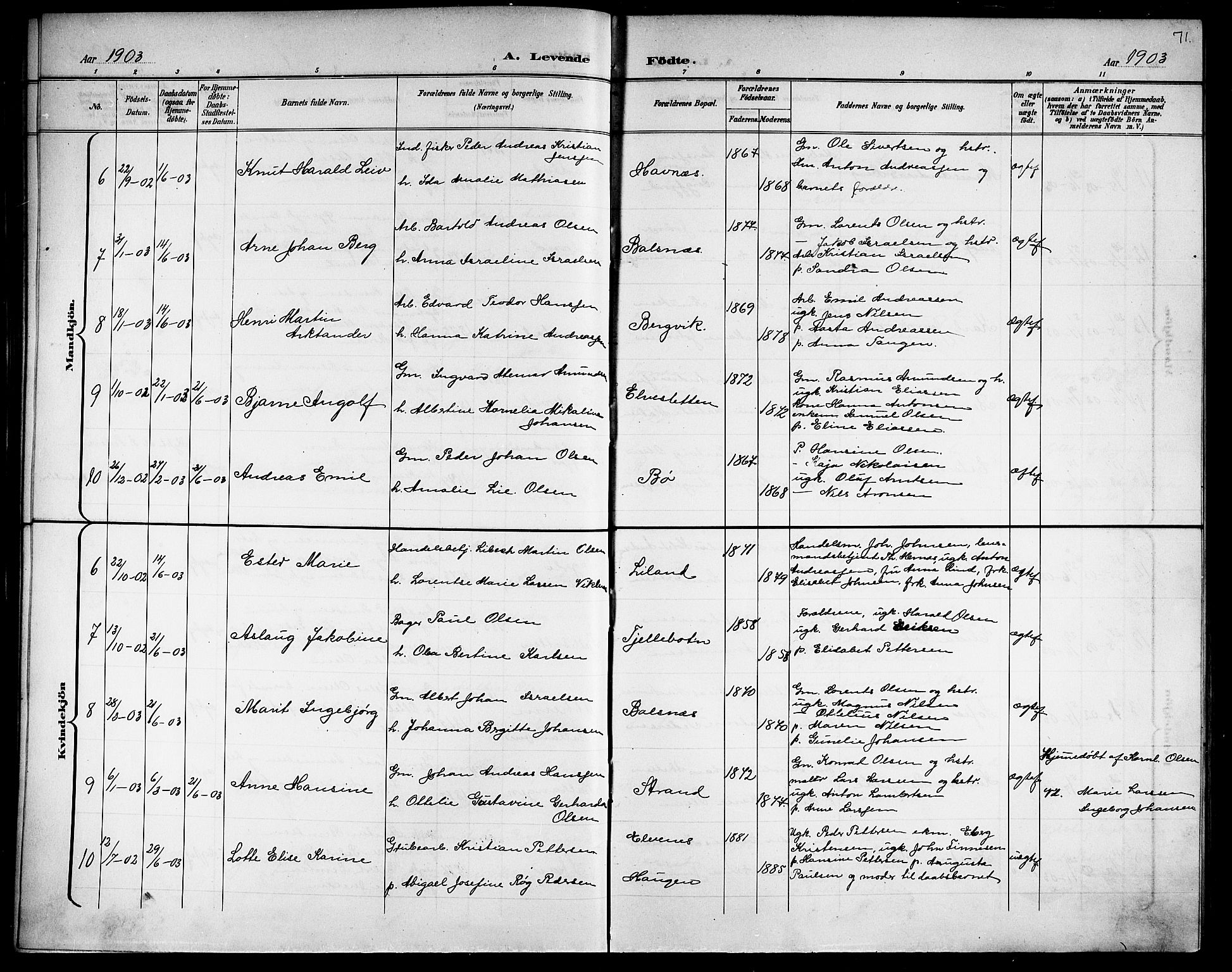 Ministerialprotokoller, klokkerbøker og fødselsregistre - Nordland, AV/SAT-A-1459/863/L0915: Parish register (copy) no. 863C05, 1898-1907, p. 71