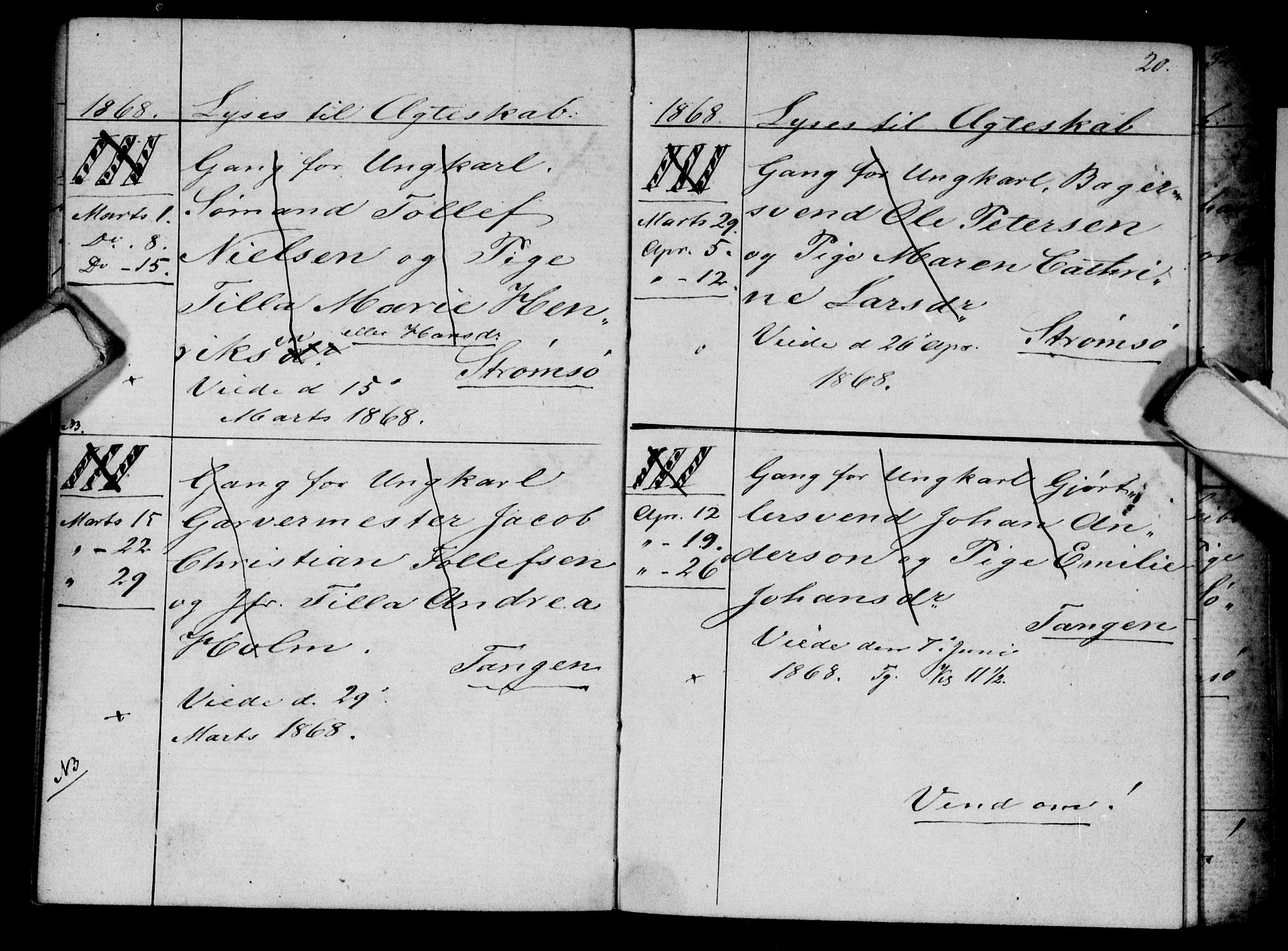 Strømsø kirkebøker, AV/SAKO-A-246/H/Ha/L0003: Banns register no. 3, 1866-1874, p. 20