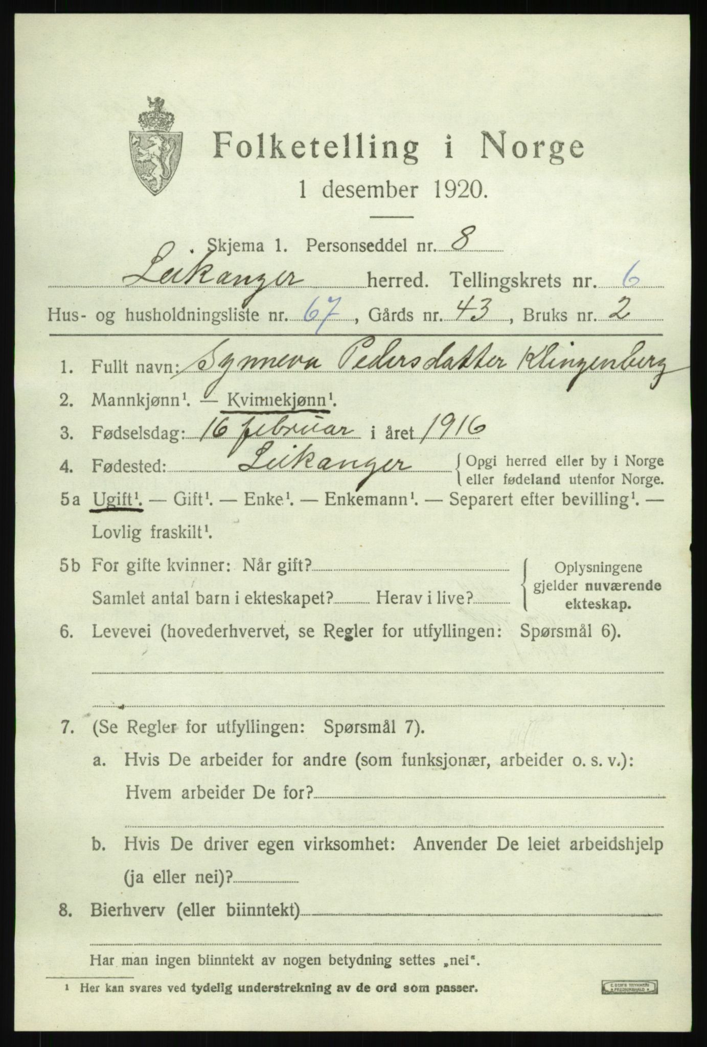 SAB, 1920 census for Leikanger, 1920, p. 4582