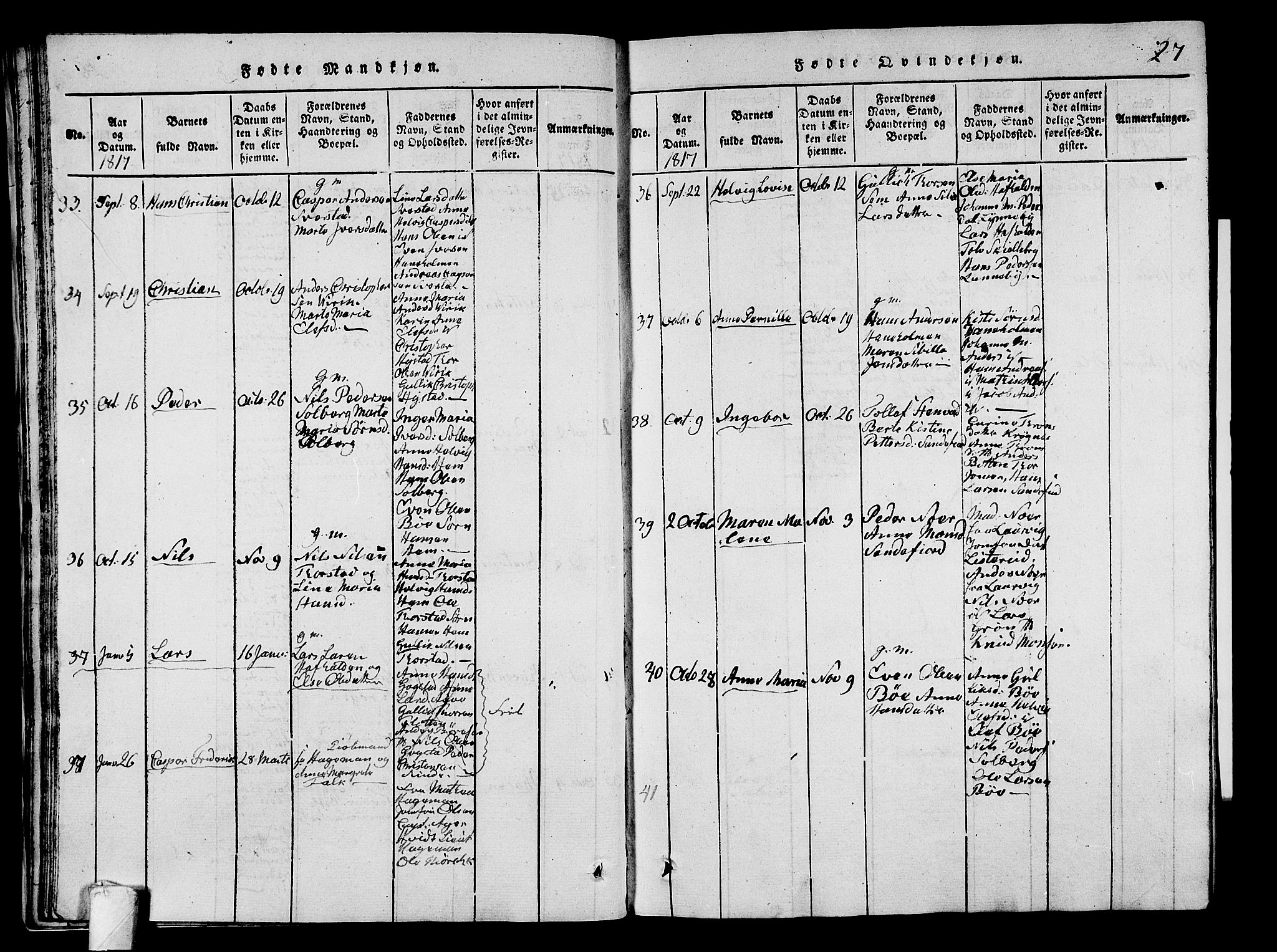 Sandar kirkebøker, SAKO/A-243/G/Ga/L0001: Parish register (copy) no. 1, 1814-1835, p. 27